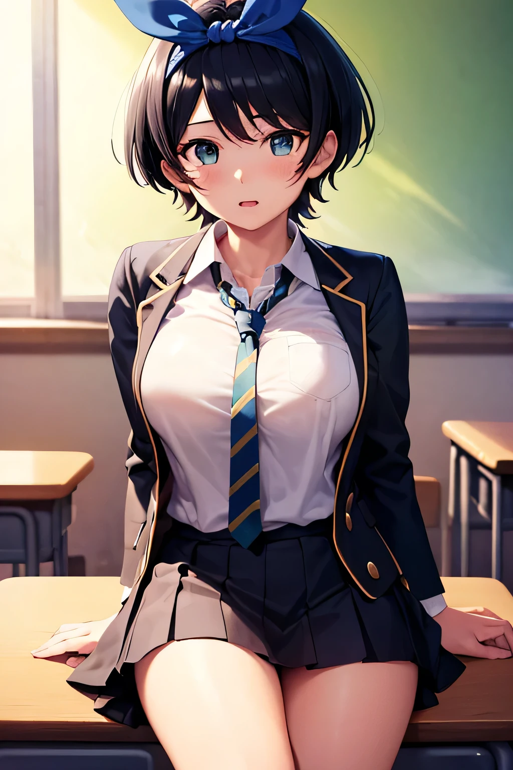 masterpiece, best quality,high resolution、realistic、Detailed、((extremely delicate and beautiful fabric):1.3)、 8k、large boob、 1girl, solo, skirt, jacket, shirt, blue eyes, white shirt, necktie, green necktie, black hair, pleated skirt, socks, diagonal-striped necktie, open jacket, open clothes, striped necktie, collared shirt, black jacket, black skirt, striped, blazer, short hair, long sleeves, bangs, , black socks, diagonal stripes, hairband, hair ribbon, ribbon, blue hairband, dress shirt, bow,  cowboy shot, smile,cleavage、livingroom、on sofa、skirt lift、