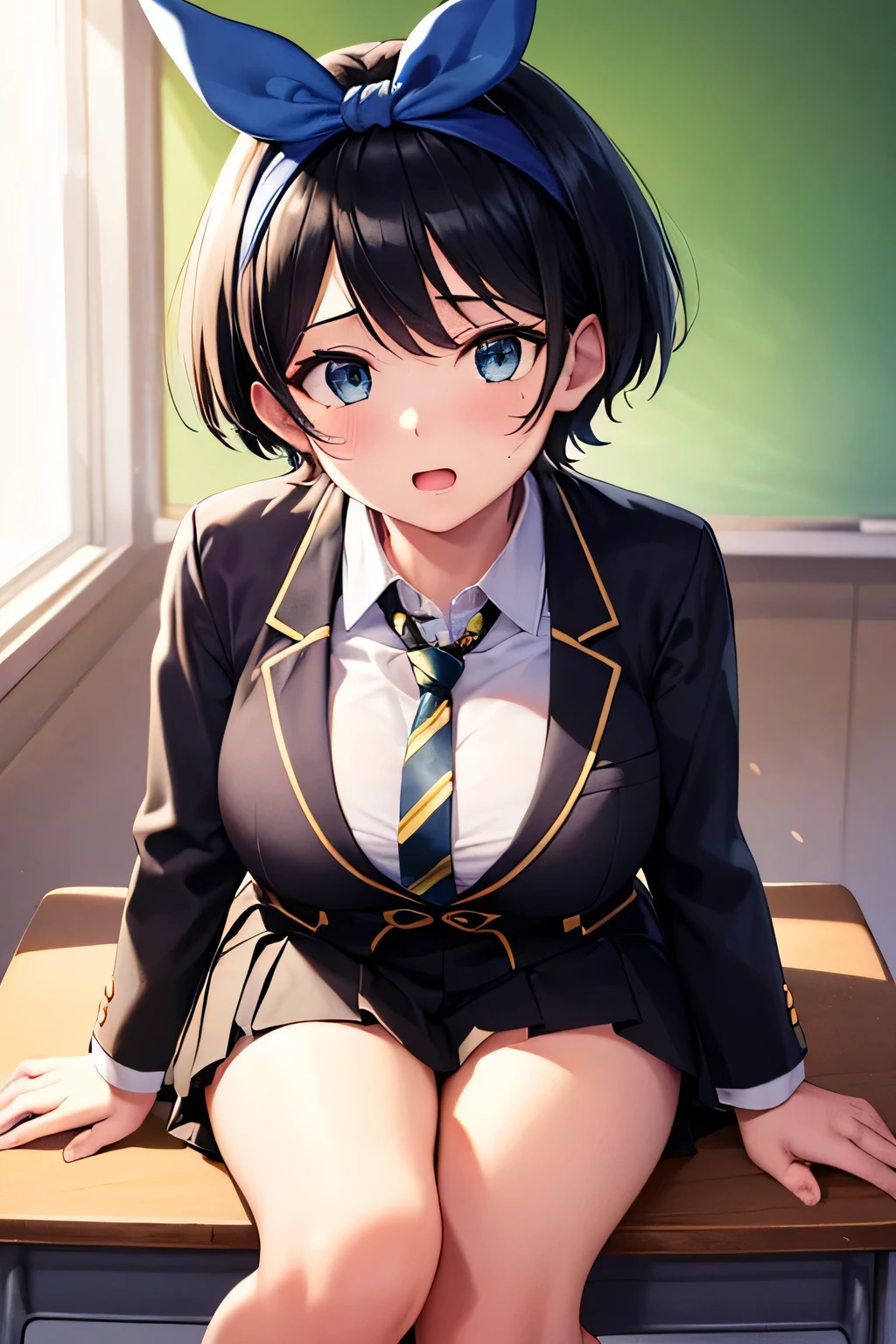 masterpiece, best quality, ultra-detailed,(((****ars ***))), blue eyes, black hair, short hair, blue hair ribbon, blue headband,large boob, black hair, pleated skirt, striped necktie, collared shirt, black jacket, black skirt, short hair, long sleeves, bangs, school uniform, black socks, looking at viewer, (in heat), blush, slender, slim, very clear,((an extremely delicate and beautiful)), ((((illustration)))), (extremely detailed skin), ((ultra-detailed:1.35)), absurdres, intricate, (1girl), ((solo)), ((glistening skin)), (((oily skin))),(((cute face))),(dazzling sunlight:1.5)、(gamecg:1.5)、(classroom:1.5)、