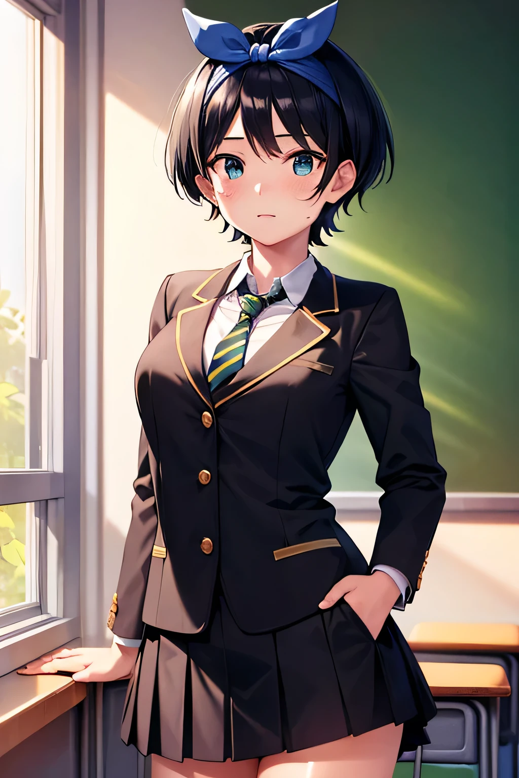 masterpiece, best quality, ultra-detailed,(((16years old))), blue eyes, black hair, short hair, blue hair ribbon, blue headband, black hair, pleated skirt, striped necktie, collared shirt, black jacket, black skirt, short hair, long sleeves, bangs, school uniform, black socks, looking at viewer, (in heat), blush, slender, slim, very clear,((an extremely delicate and beautiful)), ((((illustration)))), (extremely detailed skin), ((ultra-detailed:1.35)), absurdres, intricate, (1girl), ((solo)), ((glistening skin)), (((oily skin))),(((cute face))),(dazzling sunlight:1.5)、(gamecg:1.5)、(classroom:1.5)、