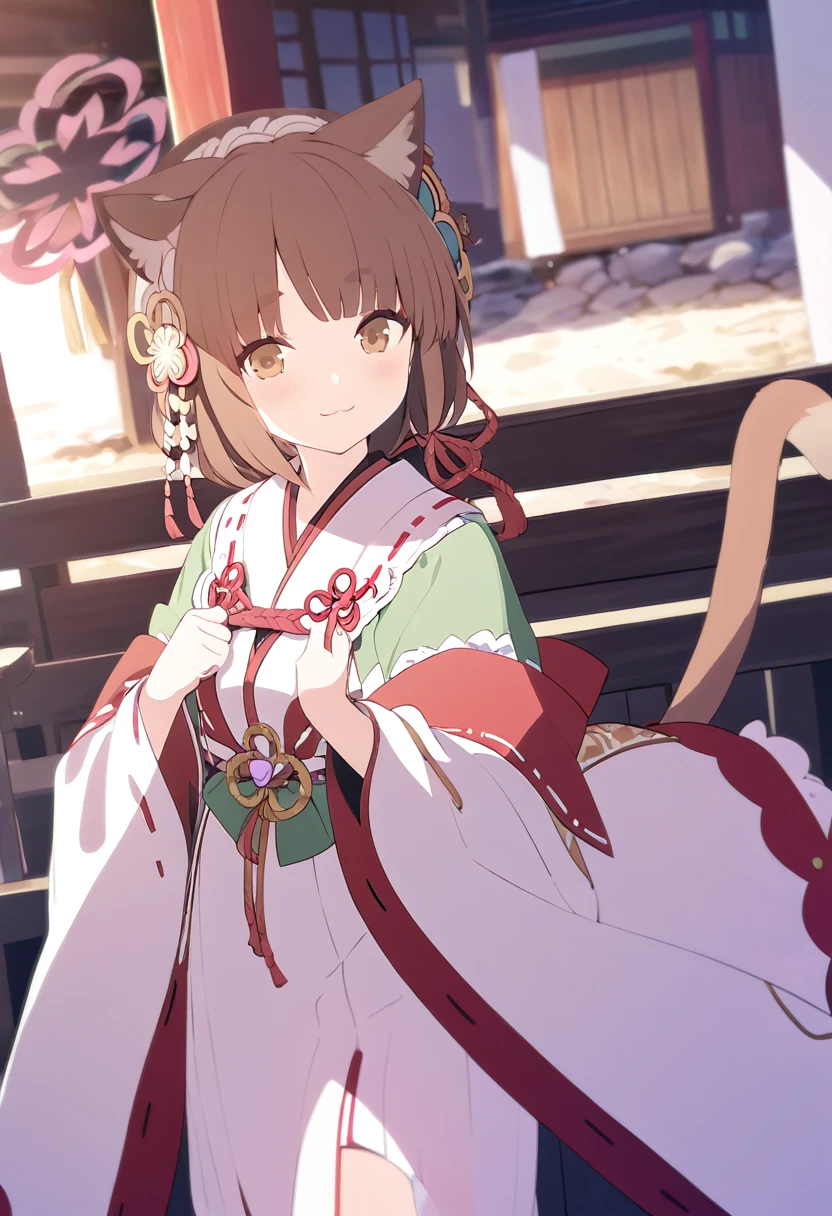 Please be careful when viewing、masterpiece、One 、Shrine maiden costume、shrine、Cat ears and tail、Cute single tusk、Very small breasts、Brown Hair、An innocent smile、Vision、A view that allows you to see the whole body