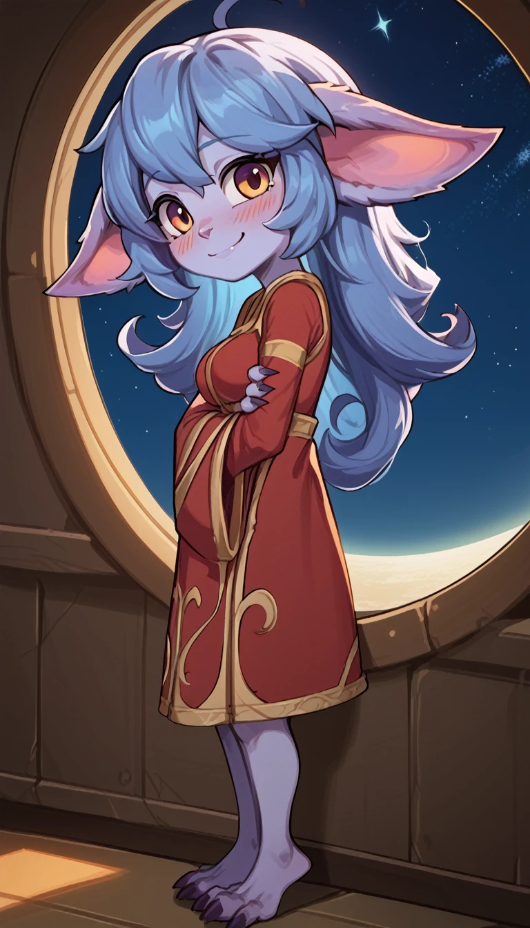 score_9, score_8_up, score_7_up, best quality, masterpiece, Lulu, (absurdly high resolution:1.4), from side, (short, diminutive, smol), yordle, (humanoid, light purple skin, purple eyes, (long ears, horizontal ears), long horizontal yordle ears, claws, feminine), barefoot, cute, adorable, slim, thin, (puffy hair, fluffy hair,), large breasts, sleepy expression, blush lines, submissive), solo, spaceship setting, window, night sky, Expressive, young, expressive, outer space, matching clothes, fix arms, Correct number of toes on each foot, space princess, smiling, loving, reaching out to viewer,