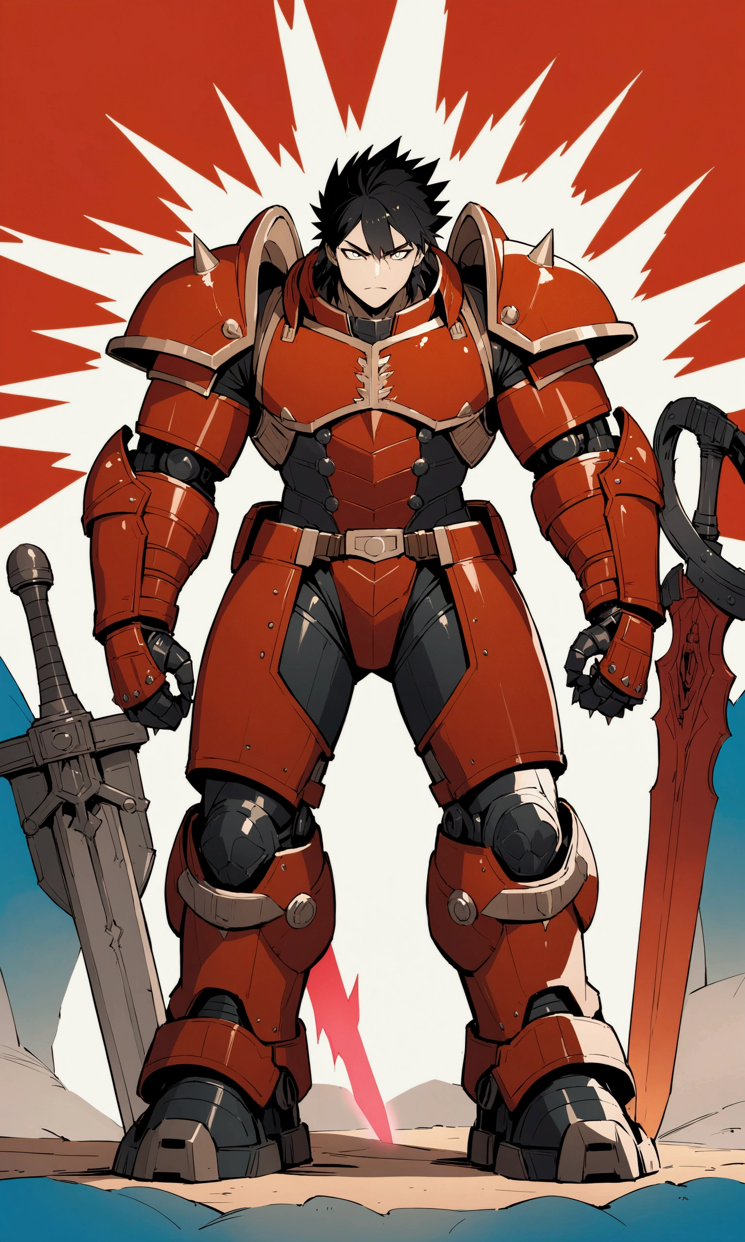 ((illustration)), (best quality)), ((masterpiece)), (detailed), blurry background, full body, solo, male focus, front view: 1.5, power armor, cape, masculine, male, Ragna, black hair, spikey hair, facing front, character focus, close up shot, scar, Warhammer, power-sword, lightning aura, glowing eyes, shoulder cannon, spikey armor, knight, kingdom background, astartes, monochrome, wallpaper, side bangs, Hulkbuster1024, linearet, LineAniAF