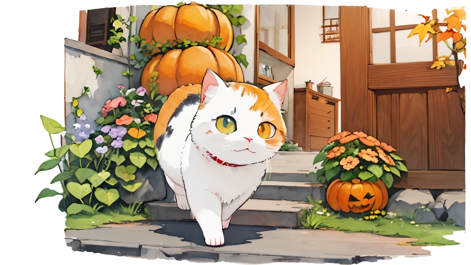 (masterpiece),(Best Quality),(Very detailed),(High resolution),((line art)),((watercolor)),16k,wallpaper,Very detailed drawing of a cat、Insane Details、Very detailed猫、My house where a cat roams、cat Munchkin walking on the promenade、Old townscape of Japan、A path lined with plants、Night、The creation of silence、Long Shot、The subject is small、 A jack-o'-lantern , Halloween, Fall , Autumn ,Halloween Festival