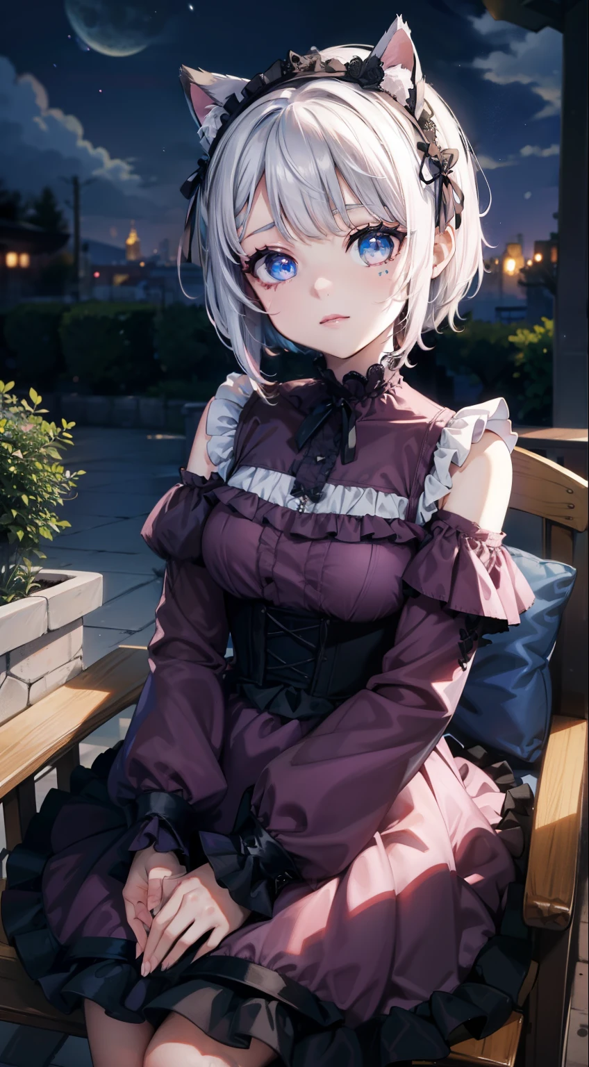 (masterpiece), (best quality), (High quality), high resolution, perfect anatomy, dim light BREAK expressive eyes, perfect face, 1girl, grey cat ears:1.5, medium hair, grey hair:1.5, pixie cut, BREAK, (big eyes), (perfect eyes:1.6), ((blue eyes:1.2)), (glowing eyes:1.2), thick eyelashes:1.1, thin eyebrow:1.4, BREAK ( 1.56 cm height), slim bulid, soft smile, medium breasts, BREAK (gothic ta pink dress:1.4), off shoulders dress, long sleeves, bare schoulders BREAK upper body, sitting in chair, hands on lap BREAK (view from front:1.5), (head turned left), victorian garden, outdoors, (night:1.7)