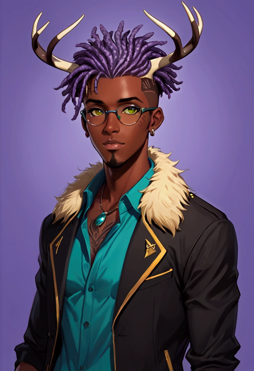 (Best quality, 4k, Masterpiece :1.3), ultra-detailed face, detailed lips, detailed eyes, double eyelid masterpiece, best quality, ultra highres, detailed illustration, perfectly detailed dreadlocks, dreadlock hair style, black and purple dreadlocks, portrait, detailed anime drawing of a man with deer horns on his head, (dark brown skin), (african American skin tone), (purple hair, faded haircut, black sides), (full body), (handsome) portrait of ((mischievous)), character portrait of me character half body portrait, commission for high res, oc commission, anime vibes, cyberpunk art ultrarealistic 8k, cyberpunk style, he wears black dress shirt with leaf pattern(teal), jet black jacket with yellow fur collar, square glasses, small goatee , character concept portrait of me, detailed character portrait, as a dnd character, discord pfp, avatar for website, short antlers, a character portrait,