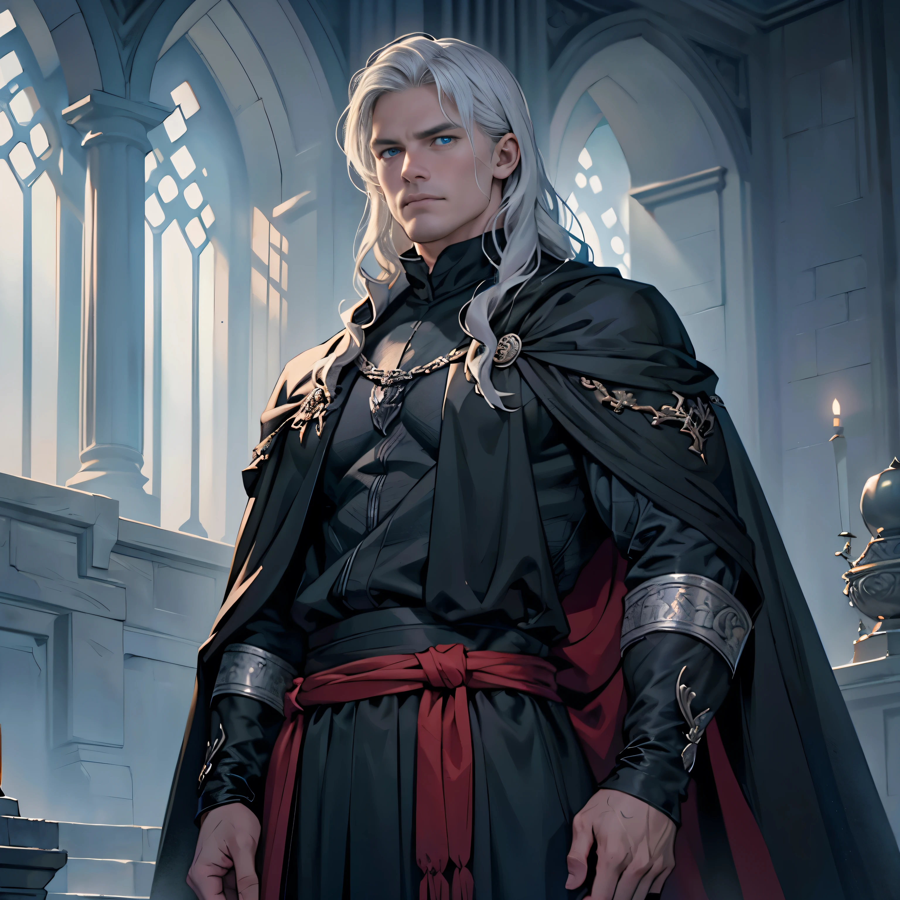 ((Best quality)), ((masterpiece)), ((realistic cartoon)), ((perfect character)):

In this stunning and highly detailed realistic cartoon, we present a male Targaryen house from the series House of the Dragon. The man stands tall, middle-aged man, and powerfully built, He has long-medium silver hair and he has a stern face. He had blue eyes, wore a black wardrobe, a black cloak, and had a strong balanced muscle body.


Every element of this masterpiece is carefully designed to create a sense of realism and immersion. The intricacies of the man's clothing, the mesmerizing effects of the area around him and he was in Winterfell, and the level of detail in his weathered face all contribute to a captivating visual experience. This artwork is presented in stunning UHD resolution, allowing you to appreciate every nuance and intricacy in breathtaking detail.

Eye level, scenic, masterpiece.