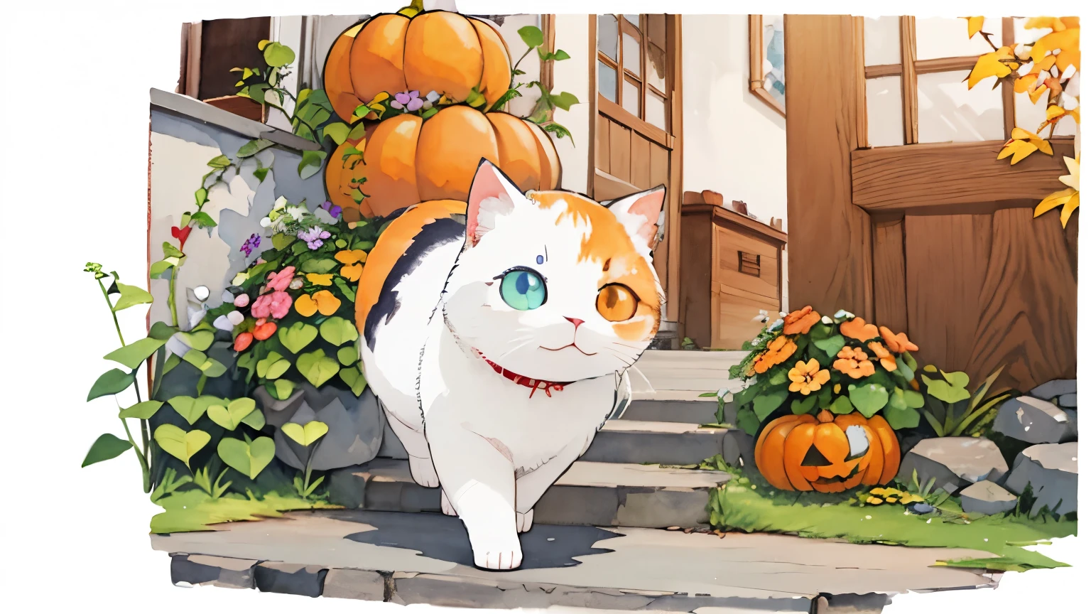(masterpiece),(Best Quality),(Very detailed),(High resolution),((line art)),((watercolor)),16k,wallpaper,Very detailed drawing of a cat、Insane Details、Very detailed猫、My house where a cat roams、cat Munchkin walking on the promenade、Old townscape of Japan、A path lined with plants、Night、The creation of silence、Long Shot、The subject is small、 A jack-o'-lantern , Halloween, Fall , Autumn ,Halloween Festival