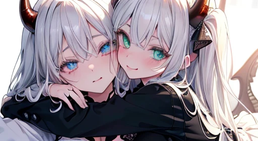 Two devil girls kissing, Devil horns, They are hugging each other, Touching the chest, Blushed, black shirt, White Skirt, Beautifully detailed eyes, Large Breasts(Bright green and white hair color), romantic, Pixiv, Anime Girls, She smiles seductively as she unbuttons her shirt., Licking my lips, (Beautiful detailed eyes:1.6), Highly detailed face, Perfect lighting, Highly detailed CG, (Perfect hands, Perfect Anatomy).