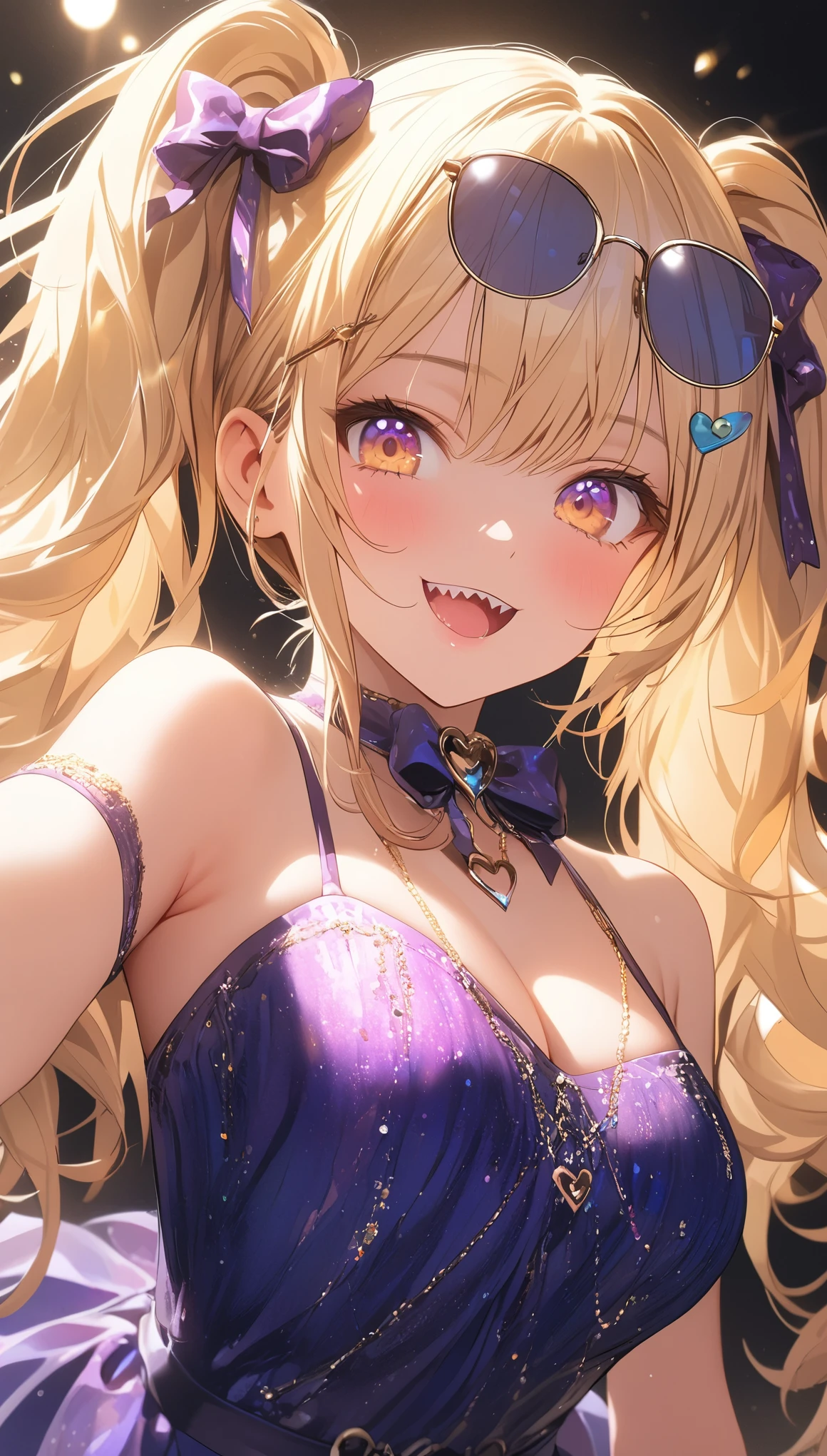 masterpeace, Best Quality, high resolucion, 1girl, hayasaka ai, 独奏, blonde hair, maiden, blue eyes, Side ponytail, hair scrunchie, hair ornament, blue scrunchie, maid headdress, (top angle view), Hair between the eyes, big breasts, Bikini only, Cowboy shot, a smile, open mouth, Extended language, leaning forward,