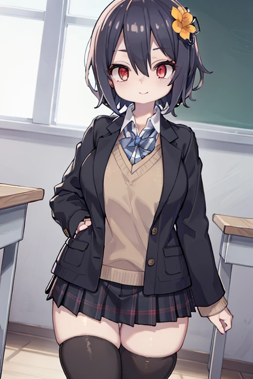 aimizuno, ai mizuno, black hair, hair between eyes, (red eyes:1.5), short hair, BREAK black jacket, black legwear, black neckwear, black skirt, blazer, brown footwear, collared shirt, flower, hair flower, hair ornament, jacket, loafers, long sleeves, miniskirt, open clothes, open jacket, plaid, plaid neckwear, plaid skirt, pleated skirt, school uniform, shirt, shoes, skirt, sweater, white shirt, wing collar, yellow flower, yellow sweater BREAK looking at viewer, huge breast, thick legs, happy face, BREAK indoors, classroom, BREAK (masterpiece:1.2), best quality, high resolution, unity 8k wallpaper, (illustration:0.8), (beautiful detailed eyes:1.6), extremely detailed face, perfect lighting, extremely detailed CG, (perfect hands, perfect anatomy),
