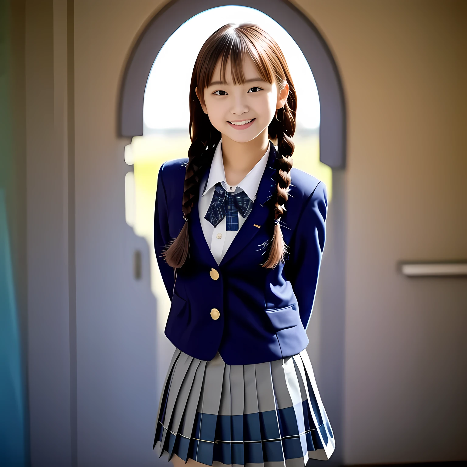 (Highest quality, masterpiece:1.2), Highest quality, High resolution, 1080P, 8k, (Solo, A noble, graceful and intelligent kawaii **yo Japanese pure-clear-white-skin a-pair-of-braid girl is smiling at me with extreme beatitude, expressing her happiness to me with her kawaii supreme, promoting school uniform: 1.5), (background is complete black: 1.0), (double-eyelids, completely balanced, brown wet large dreaming eyes with detailed beautifully: 1.6), (Drives me crazy for her navy-colored neat tartan checkered blue skirts and make me fall into her navy-colored tartan checkered skirt: 1.2), (Fine white skin that looks like she has never been out of home: 1.6), (Navy colored school uniform blazer: 1.6), (Navy blue pleated school uniform tartan checkered skirt: 1.5), (Plain blue school ribbon on the breast), (Light-Sky-blue background), (Girl whom everyone loves because of her beauty and lovely fashion and noble manner and magic-charm of succubus: 1.0)