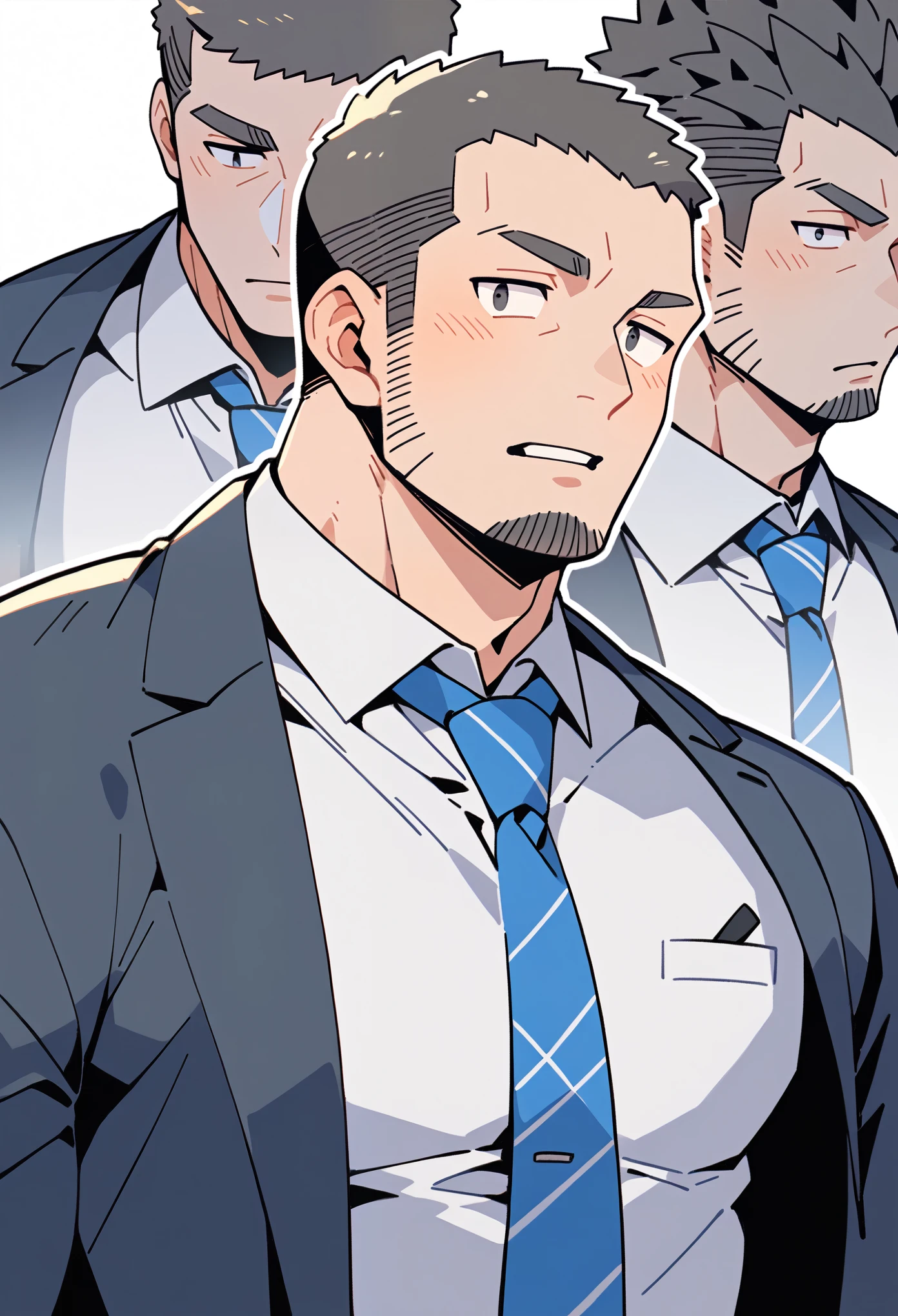 anime characters:Priapus, Muscle office worer, Buzz Cut, Manliness, male focus, Light Grey Office worker's suit, Tie, full and perky chest muscles, muscular male, muscular, Upper body, alone, Black short hair, Thick eyebrows, stubble,
White background, simple background, amazing quality, best aesthetics, Ridiculous, crew cut, parted lips, flustered, endured face, negative space, projected inset, best quality.