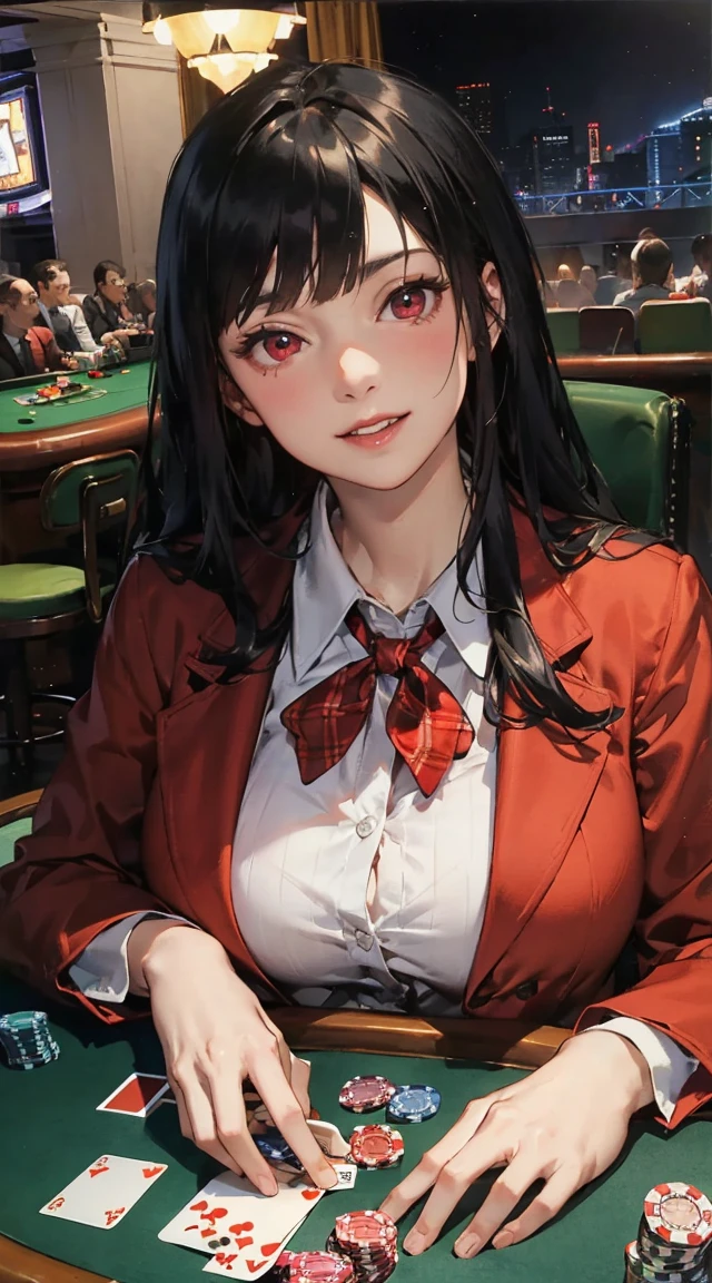 Realistic, One girl, Long black hair, Red eyes, Glowing Eyes, Red blazer, Black plaid skirt, pantyhose, blush, Poker Table、Camel Toe、Giant tit、Nipple Puffs、Cleavage、Plump、Super big breasts、Super big butt、Kakegurui、