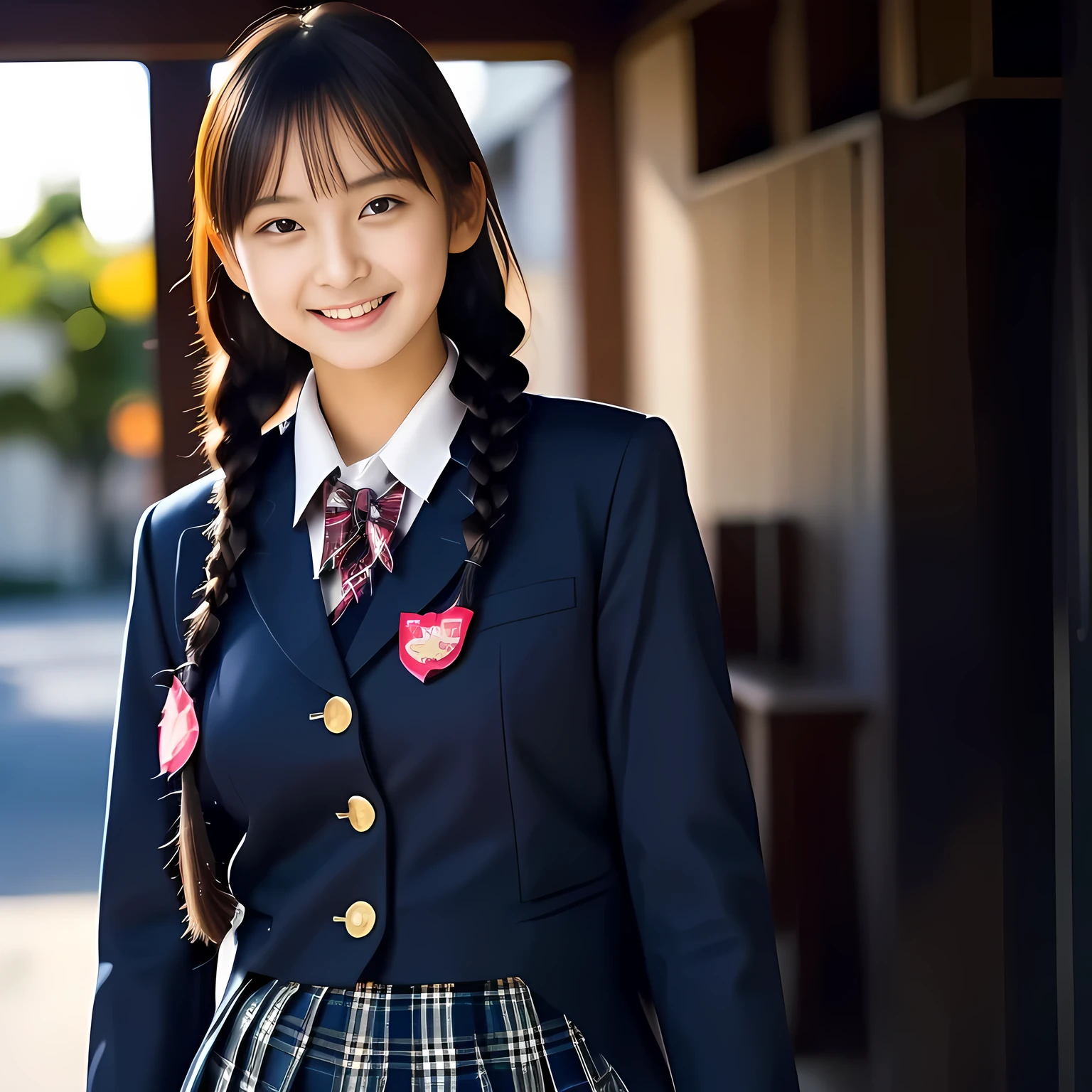 (Highest quality, masterpiece:1.2), Highest quality, High resolution, 1080P, 8k, (Solo, A noble, graceful and intelligent kawaii yo Japanese pure-clear-white-skin a-pair-of-braid girl is smiling at me with extreme beatitude, expressing her happiness to me with her kawaii supreme, promoting school uniform: 1.5), (background is complete black: 1.0), (double-eyelids, completely balanced, brown wet large dreaming eyes with detailed beautifully: 1.6), (Drives me crazy for her navy-colored neat tartan checkered blue skirts and make me fall into her navy-colored tartan checkered skirt: 1.2), (Fine white skin that looks like she has never been out of home: 1.6), (Navy colored school uniform blazer: 1.6), (Navy blue pleated school uniform tartan checkered skirt: 1.5), (Plain red school ribbon on the breast), (Light-Sky-blue background), (Girl whom everyone loves because of her beauty and lovely fashion and noble manner and magic-charm of succubus: 1.0), full body shot