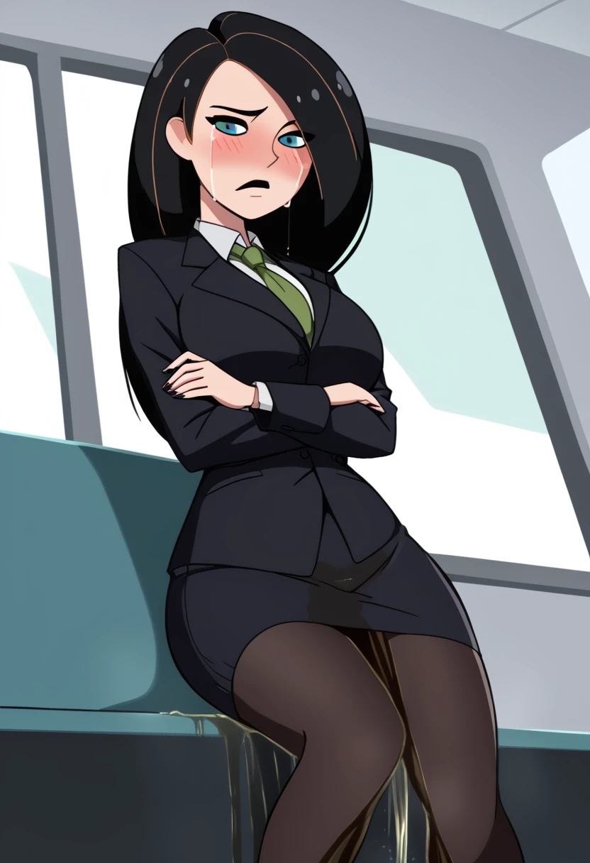 (high quality,Very detailed:1.37, High resolution), nsfw, (kimpos:1.5), long hair, (black hair:1.5), (blue eyes:1.5), huge breasts, business outfit, necktie, pencil skirt, pantyhose, looking at viewer, masterpiece, best quality, (wetting self:2.0), desperation, embarrassed, humiliation, (blushing:2.0), angry, standing, black lipstick, (arms crossed:1.5) city