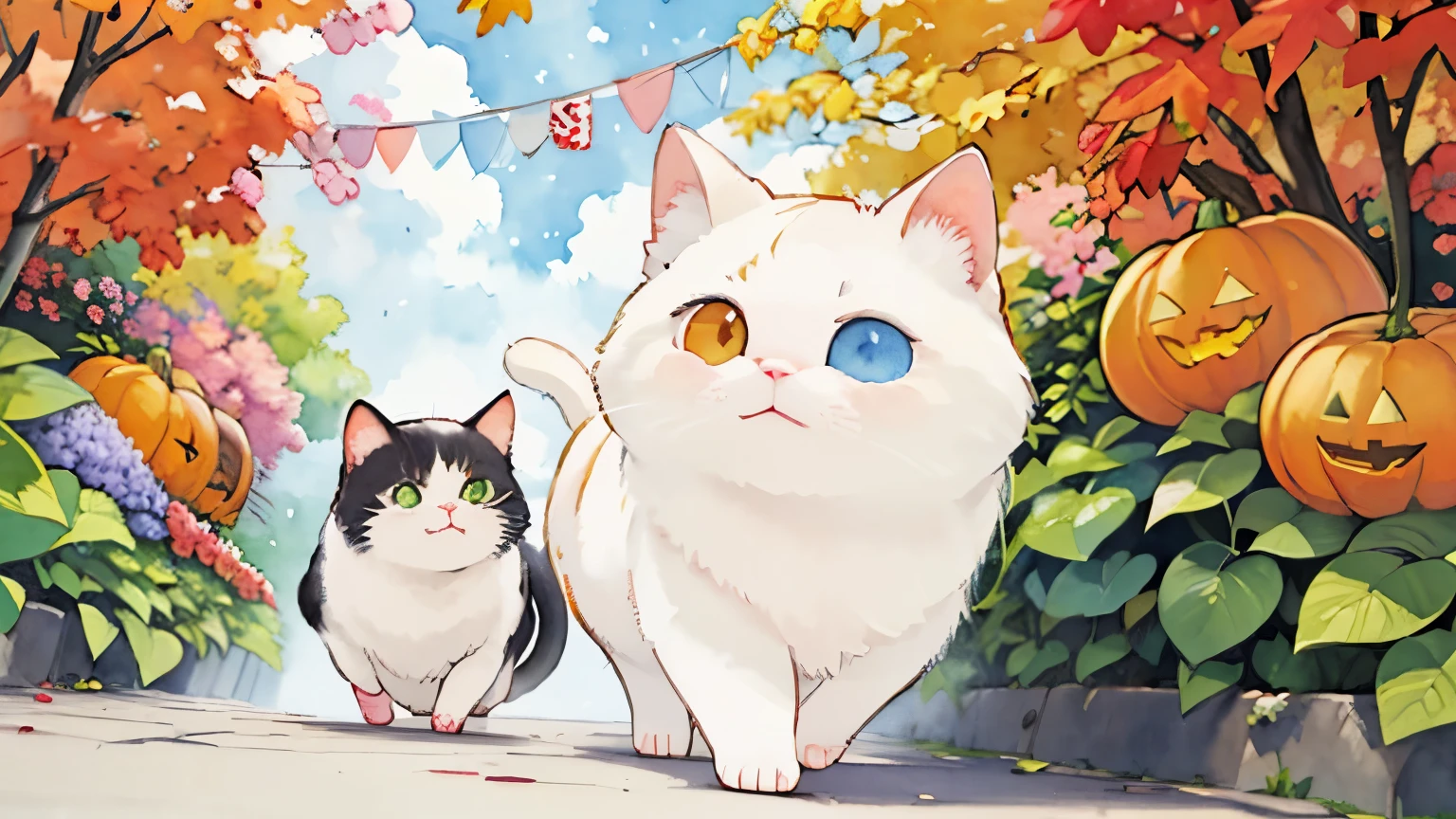 (masterpiece),(Best Quality),(Very detailed),(High resolution),((line art)),((watercolor)),16k,wallpaper,Very detailed drawing of a cat、Insane Details、Very detailed猫、 where a cat roams、cat Munchkin walking on the promenade、Old townscape of Japan、A path lined with plants、Night、The creation of silence、Long Shot、The subject is small、 A jack-o'-lantern , Halloween, Fall , Autumn ,Halloween Festival