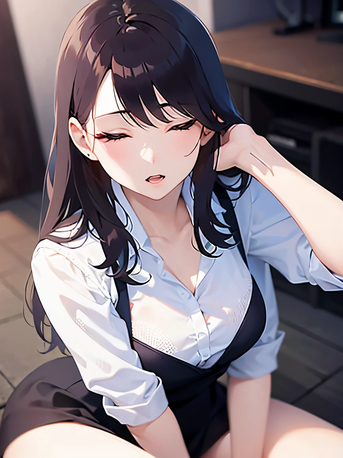 leaning forward,Upper Body, Looking up、(finger to mouth:1.5)、hand on knees、 Realistic, real person, (pale skin: 1.2), RAW photo, photorealistic, shiny skin, shiny hair、(A 2 woman with medium-length hair and bangs) and (wavy hair) and (brown hair) and (orange eyes) , (Wearing a business suit:1.5) and (Wearing a white collared shirt)、 (Cleavage:1.5)、(blush:1.5),smile,The background is the conference room、(alone:1.5)