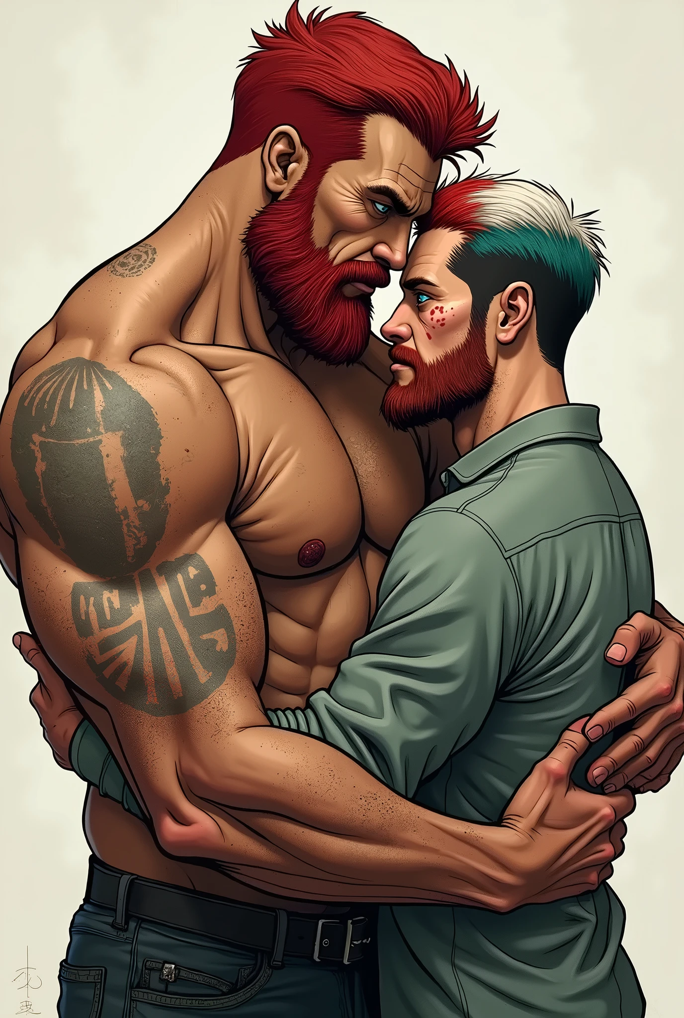 Handsome muscular naked ginger haired man kissing a handsome muscular grey haired bearded man wearing a black leather jacket and black leather pants, dungeon background
