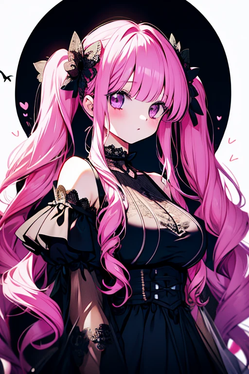 A 20 year old long pink mix black (gradations) haired woman, curly hair style, pink jewelry eyes, with dragon horns on top of her head and pink roses flowers against her horns. look graceful yet intimidating. wearing black fancy dress with beautiful motifs. make it with pink flower background and in anime style