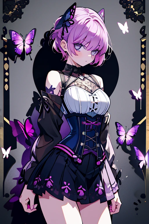 1 girl、Mature、Ample breasts、Purple Hair、Long Hair、ponytail、ballerina、ballerinaの衣装、Miniskirt、Punk costumes、Butterflies fluttering、Look to the side、Having a bouquet of roses、High resolution、Highest quality、