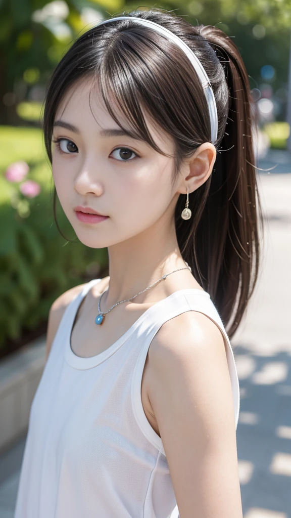 ((masterpiece)), ((photo realistic)), ((highest quality)), (ultra detailed face:1.3), (Japanese girl),  absolutely little tall person, fifteen years old, (fairy-like face:1.3), puffy face, broad jawline, shiny eyes, (no make up:1.3), (flat chest:1.2), messy dark brown short hair, tearful face, しかめっ面, laugh out loud, casual wear, silver earrings, necklace, theme park, full body shot from front,