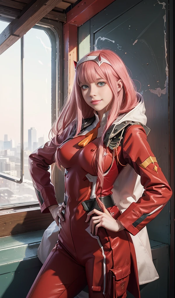 very detailed background, masterpiece, best quality, 1 , Alone, ((masterpiece, best quality)), better aesthetics, zero two, , (smile), (darling in the franxx), darling in the franxx , fringe, biting , Blush, shadow, green eyes, hair on the back of the head, hand on hip, Bright, long hair, looking at the viewer, invent, Pilot costume, red costume, pink hair, red shadow, Science fiction, stretched skin,big breasts, neckline on the blouse 