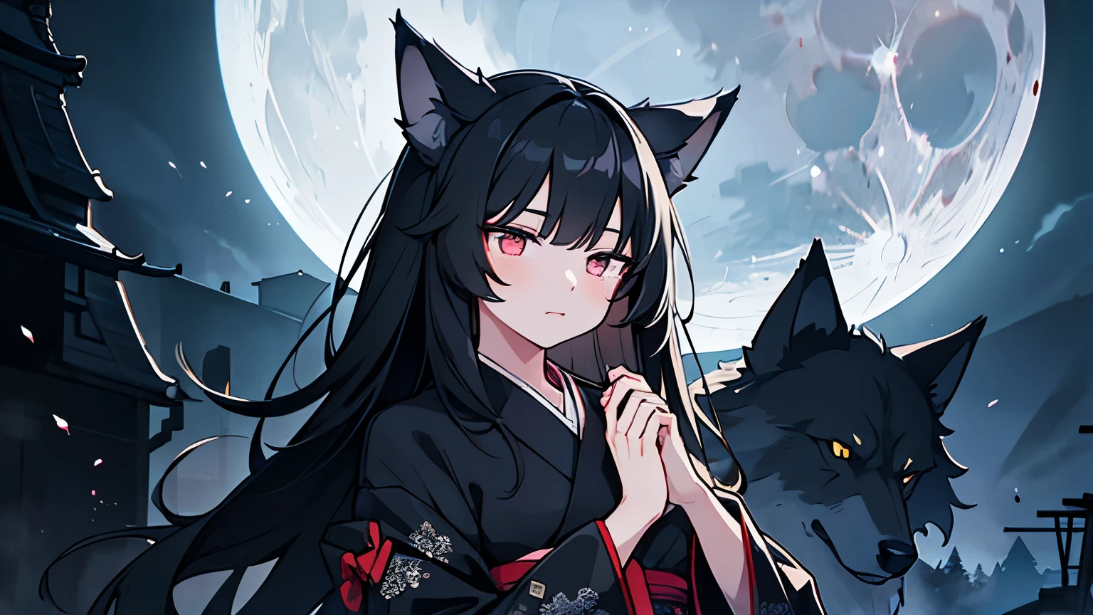 a wolf transforming into a woman with long black hair, wolf ears, dressed in a black japanese kimono, black hair, detailed face, detailed eyes, detailed hands, detailed clothing, moon in background, muted colors, dramatic lighting, digital art, intricate details, fantasy, cinematic, concept art
