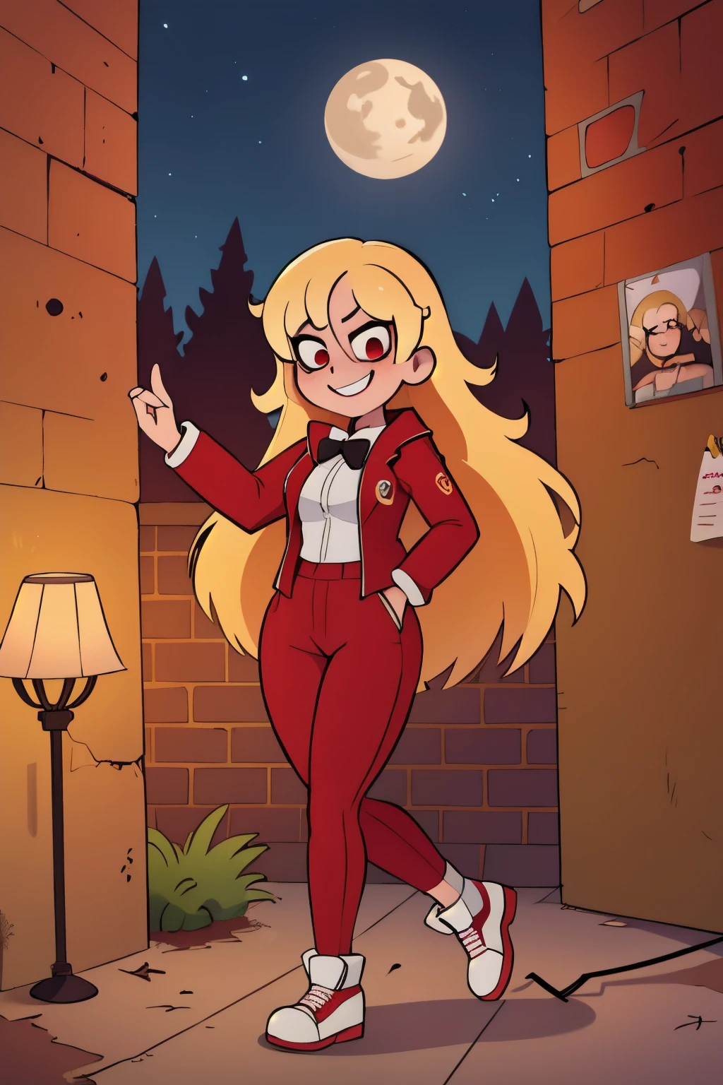 ((best quality)), ((highly detailed)), masterpiece, absurdres, (detailed eyes, deep eyes), (1girl), upper body, charlie morningstar, blonde hair, very long hair, red eyes, (colored sclera), medium breasts, smiling, red jacket, black bowtie, red pants, high heels, white footwear, (outside, alley, brick wall, lamp, midnight, night sky, stars, broken moon)