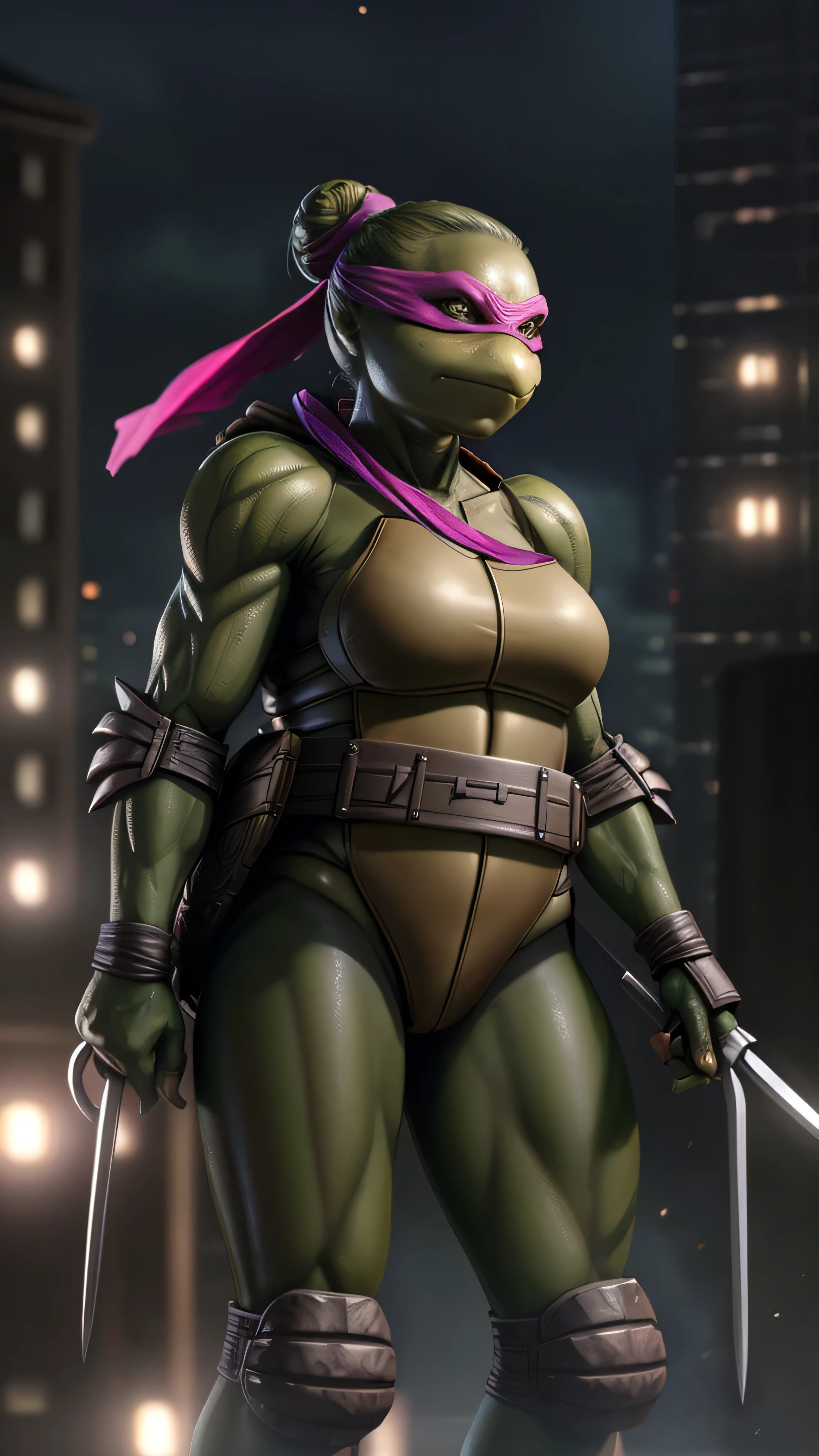 female Teenage Mutant Ninja Turtle, sleek build, standing confidently, dynamic pose, classic turtle shell, streamlined athletic design, deep green body skin, blond high short hair bun, pink distinct vibrant bandana across her eyes, bandana tails flow in the wind, light tactical armor pieces, bracers, knee pads, leather belt with various ninja tools and weapons, holds dual war fans, ready for action, feminine face, sharp eyes, determined expression, urban rooftop, night, glow of the city lights, full moon in the background, sexy, shapely, hot, sultry, (insanely detailed, beautiful detailed face, masterpiece, best quality), cinematic lighting, 1woman, solo, full body view, front view, looking at viewer, intricate, high detail, sharp focus, dramatic, photorealistic painting art by greg rutkowski