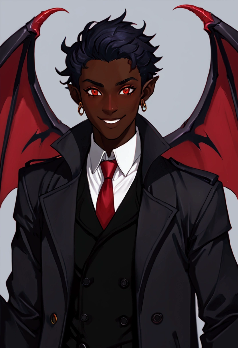 (8k, 4k, intricate),(halfbody-shot:1), (highly detailed:1.2),(detailed background:1.2),((dark skin, beatiful face,black sclera, dark red eyes, smiling)), ((demon wings, elf ears)),(((handsome young man, onyx black trenchcoat, black vest, red tie ))),((sci-fi aesthetic, futuristic clothing, cyberpunk aesthetic))) (ultra-detailed face, detailed lips, detailed eyes, double eyelid masterpiece, best quality, ultra highres, detailed illustration, portrait, detailed, fancy golden earrings, there is a picture of a flamboyant man with bat wings behind his back , androgynous vampire, portrait demon half human, red eyes with black sclera, He wears a simple black suit with a white shirt underneath,  male vampire, portrait of demon twink, demon male with bat-like wings, dapper dream demon, attractive androgynous humanoid, handsome male vampire, ((red)) baggy eyes, anime portrait of a handsome man with sci-fi clothing, made with anime painter studio, anime handsome man with dark skin, he has black hair with sliver highlights, semi realistic anime, inspired by Okumura Togyu, anime style portrait, ((black sclera, dark red pupils)),(dark brown skin), (african American skin tone), (black hair, white highlights), (full body), (handsome) portrait of ((mischievous)), character portrait of me character half body portrait, commission for high res, oc commission, anime vibes, cyberpunk art ultrarealistic 8k, cyberpunk style