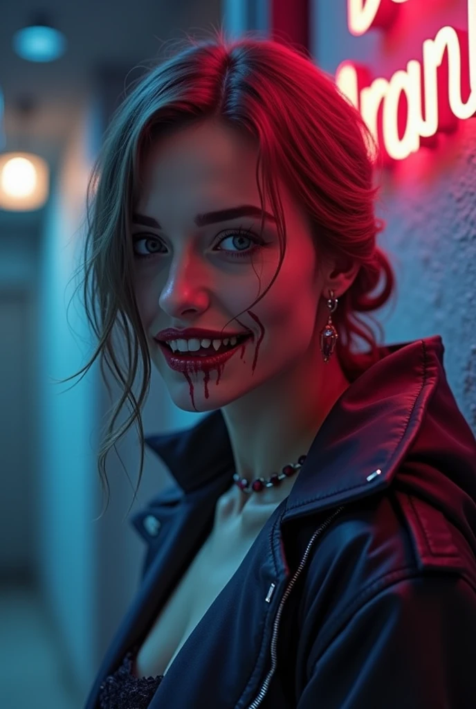 An American vampire woman with fair skin and long, blonde hair, blood dripping from her lips as she grins wickedly. She wears a modern, dark hoodie and ripped jeans, blending into the urban environment. The setting is a deserted alley in New York City at night, with towering skyscrapers and distant neon lights casting long shadows. She leans against a graffiti-covered wall, having just fed on an unsuspecting passerby, the city’s noise muted in the darkness.