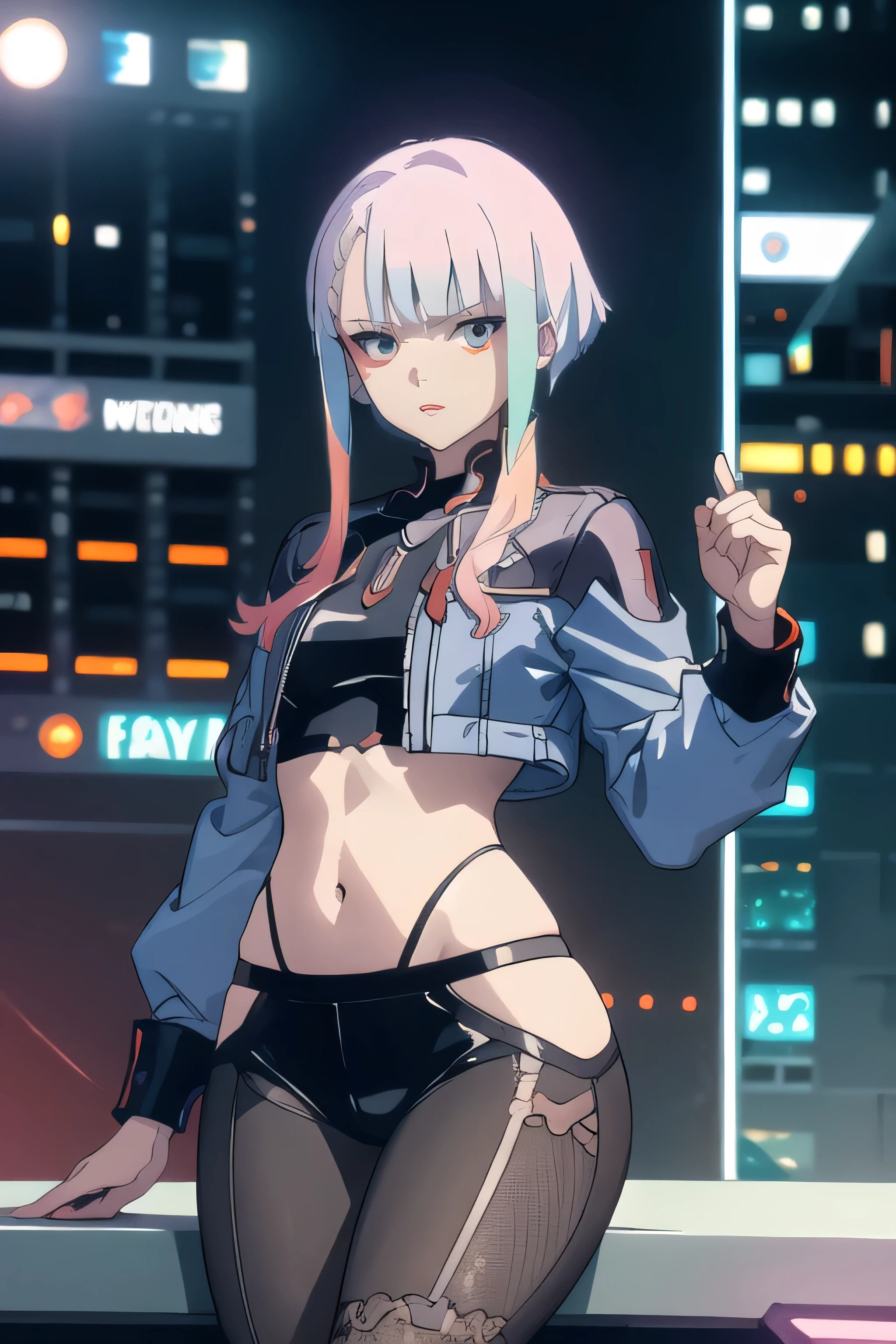 lucy \(cyberpunk\), 1 girl, wide hips, medium thighs, chubby, arm up, bangs, blue hair, colored tips, full moon, gray eyes, red jacket, long sleeves, looking at viewer, medium hair, moon , multicolored hair, half open lips, red hair, portrait, red eyeliner, red lips, solo, cloth t-shirt, double string thong, fishnet pantyhose, curly hair, cyberpunk \(series\), cyberpunk edgerunners