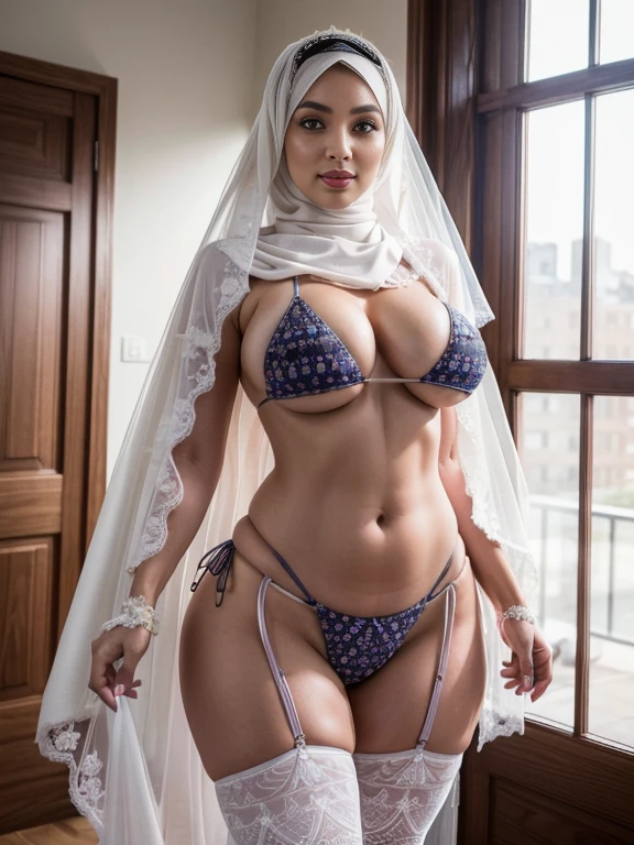 portrait, full body photo, looking at viewer, a hueg breasts (hijabi wedding veil) girl (squatting) in back alley naked wearing thighhighs presenting her body to viewer, ((garter belt)), hijabi wedding veil, wedding veil, gluteal, bokeh,UHD, masterpiece, ccurate, anatomically correct, textured skin, super detail, high details, high quality, award winning, best quality, highres, HD, cheerful, happy, extremely detailed eyes and face, beautiful detailed nose, beautiful detailed eyes, ((NSFW)),  global lighting