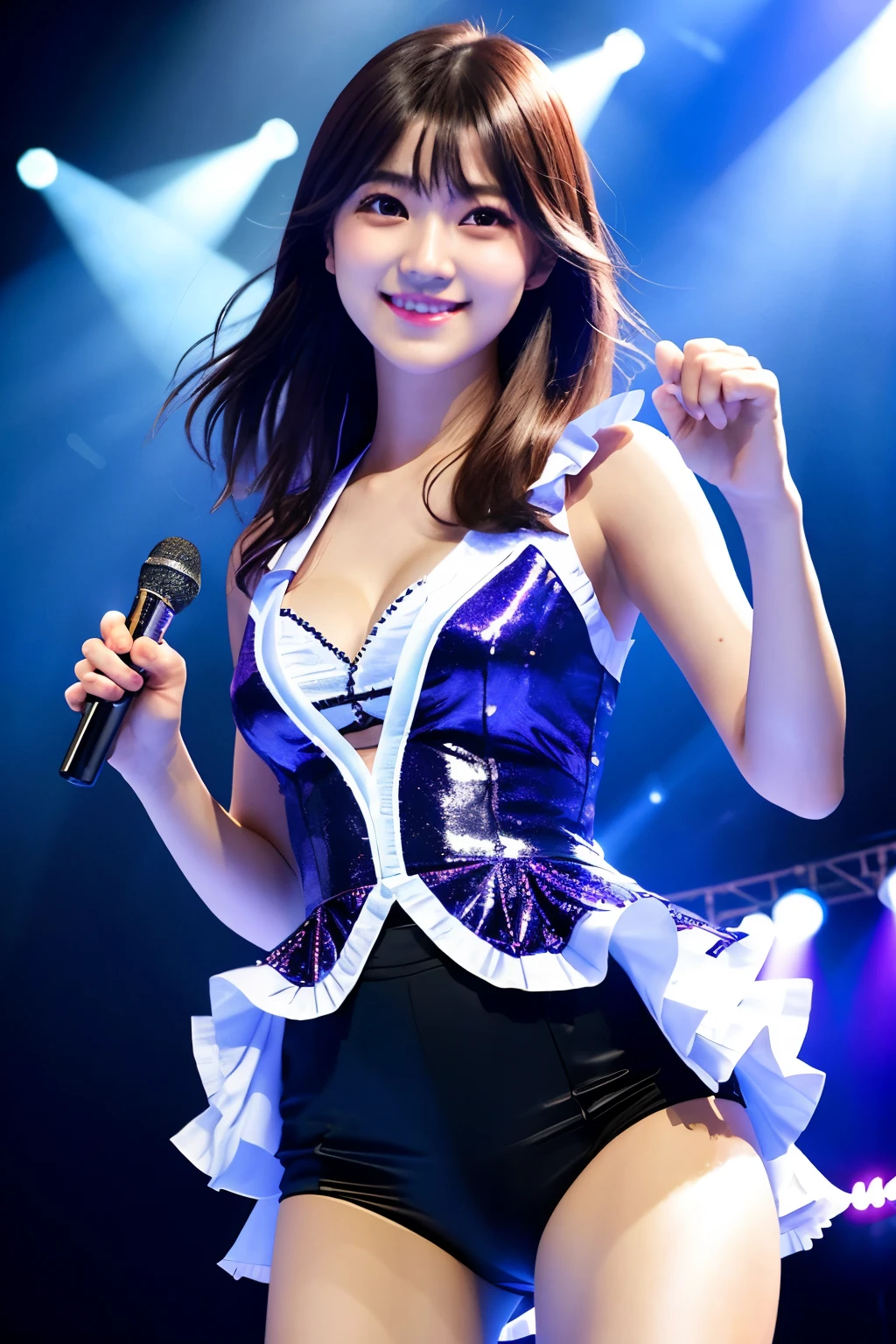 Realistic, Photorealistic, Masterpiece, Best Quality, One Girl, Solo, In the Stage, Stage Lighting, Stage Spotlight, Look At Audience, Smile, idol_singing_costume, (pureerosface_v1:0.8),Korean Idol,Nogizaka Idol,Actress,Gravure Idol