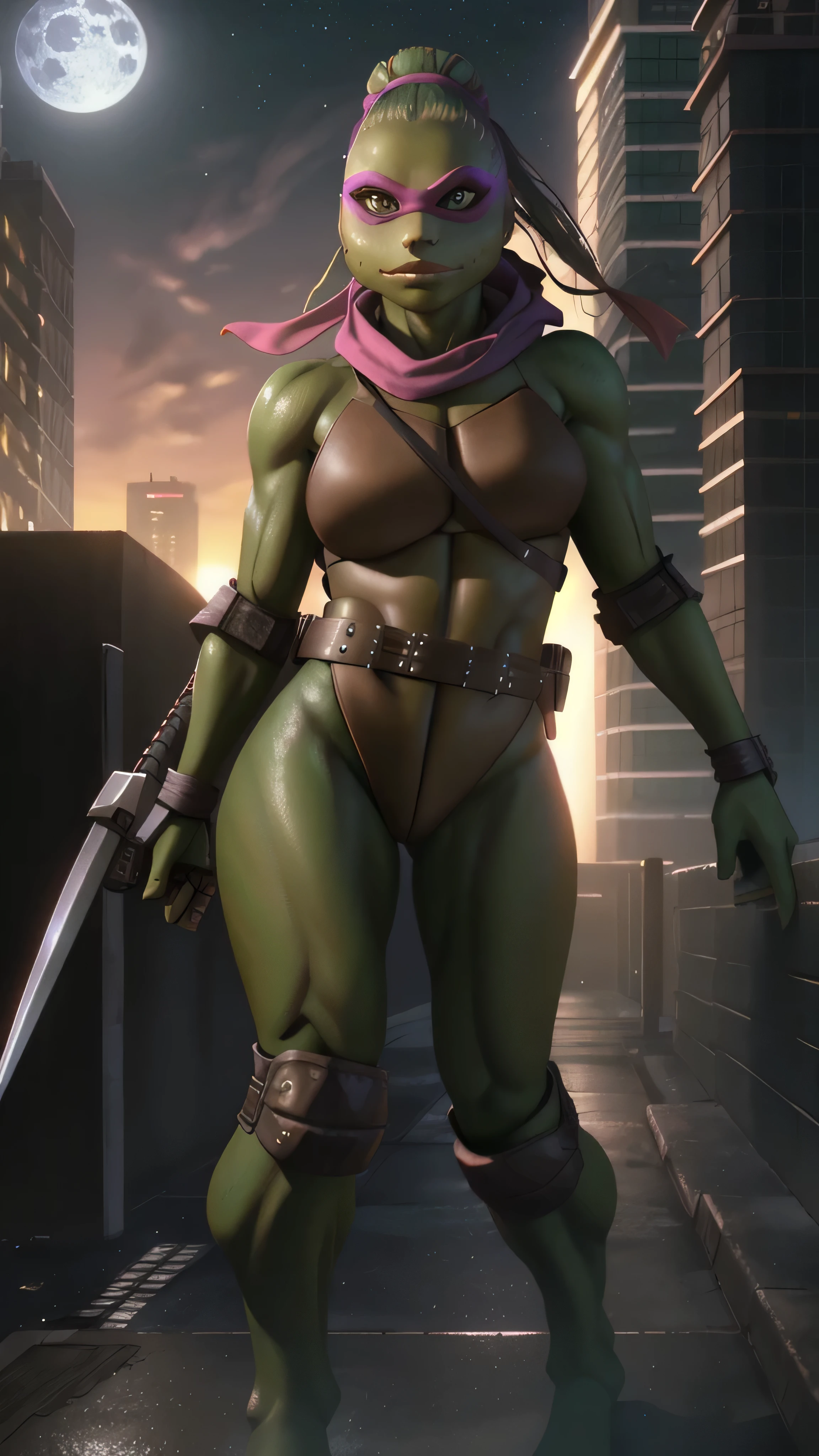 female Teenage Mutant Ninja Turtle, sleek build, standing confidently, dynamic pose, classic turtle shell, streamlined athletic design, deep green body skin, blond high short hair bun, pink distinct vibrant bandana across her eyes, bandana tails flow in the wind, light tactical armor pieces, bracers, knee pads, leather belt with various ninja tools and weapons, holds dual war fans, ready for action, feminine face, sharp eyes, determined expression, urban rooftop, night, glow of the city lights, full moon in the background, sexy, shapely, hot, sultry, (insanely detailed, beautiful detailed face, masterpiece, best quality), cinematic lighting, 1woman, solo, full body view, front view, looking at viewer, intricate, high detail, sharp focus, dramatic, photorealistic painting art by greg rutkowski