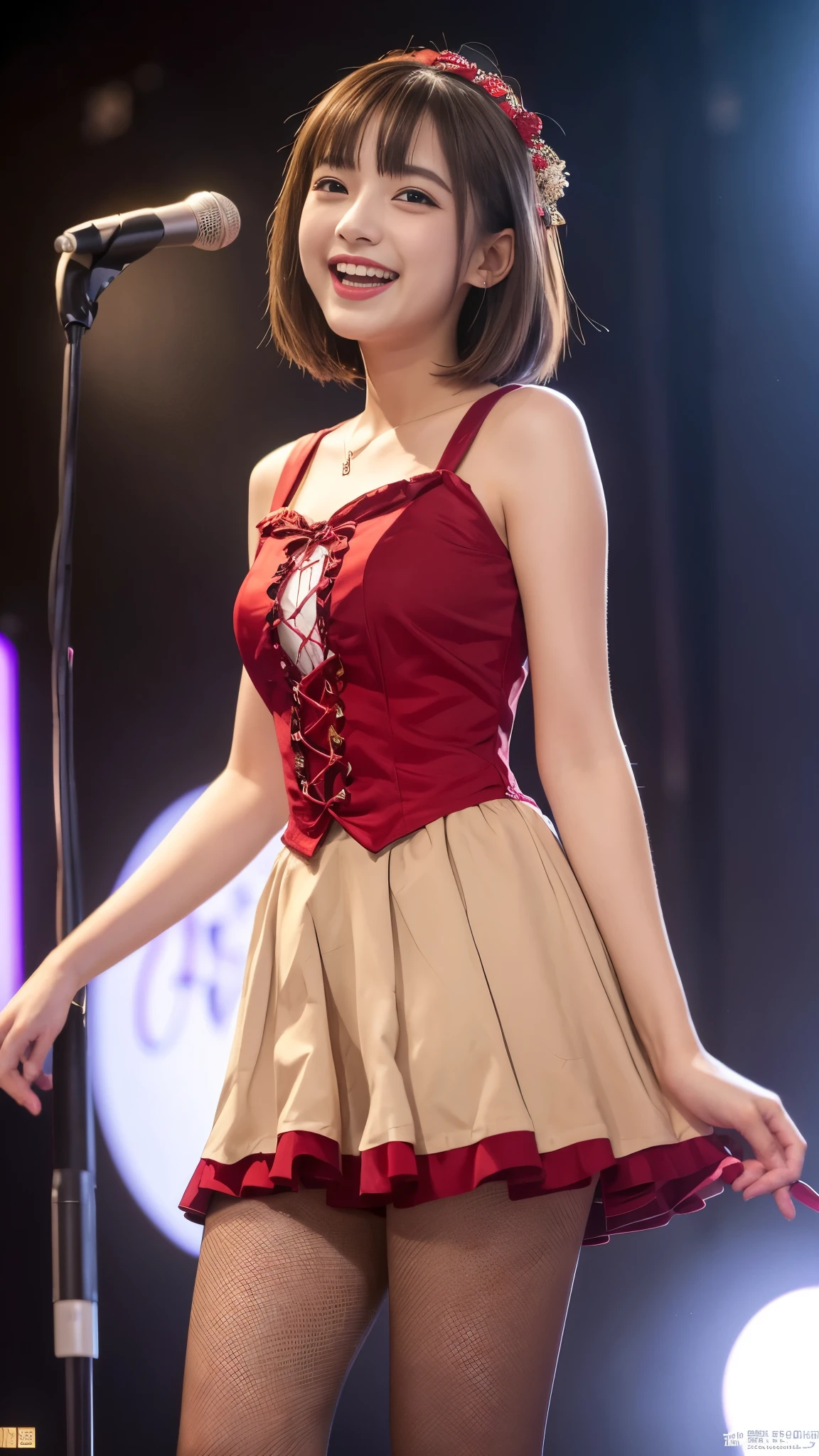 masterpiece, top-quality, 8K, absurderes, (The upper part of the body:1.4), ((Swimsuit dress with cute ruffles)),((Cute Idol Stage Costumes)), ((Red short flared skirt))、Kawaii Girl, Clean face, looking at the viewers, A smile, Hold the microphone and sing、A hyper-realistic, hight resolution, a picture, film grains, chromatic abberation, foco nítido, nffsw, face lights, Dynamic lighting, 电影灯光, Professional Shadows, (Background of the concert venue:1.4), finely detail, authentic skin, delicated facial features, detailed faces and eyes, Sharp pupils、Raising your legs in a dance、