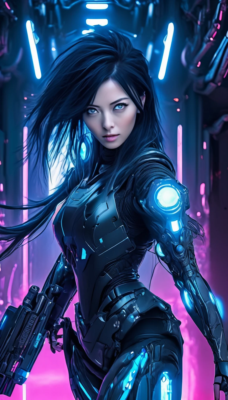 A woman wearing exoskeleton cyber armor, The armor fits snugly、(((She has a plasma gun in her hand))), Full body photo, Maximum details, Superior quality through precise drawings, 8k,chest, blue eyes,  High resolution, 超High resolution, Best Quality, Shortcuts, Big chest, Cinematic Lighting Effects, Futuristic beautiful black hair woman, Shining blue eyes, Cyberpunk style woman, ((High tech spaceship interior with blue light illumination)), High-quality images、Black Hair, Shortcuts, 