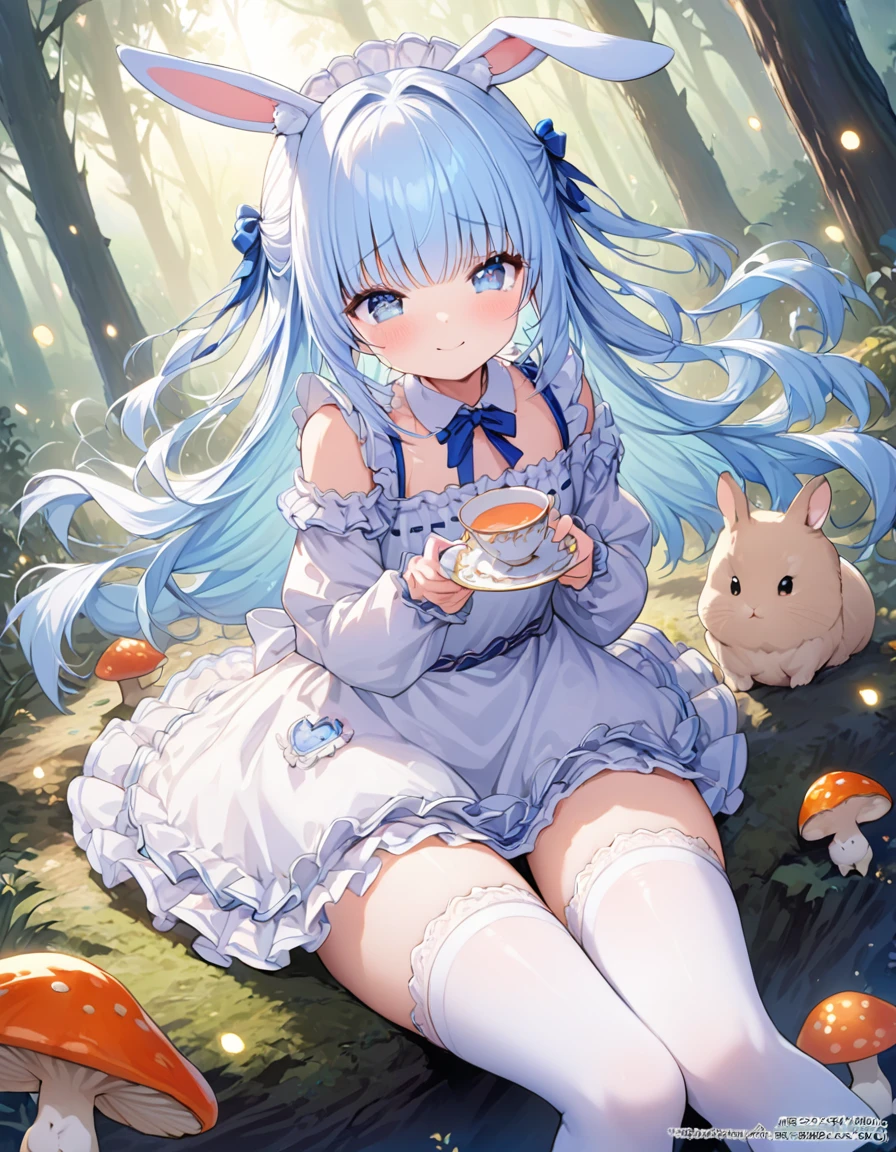 masterpieceThe best quality, Very detailed, (figure, Official Art:1.1), 1 girl ,(((( light blue Long Hair)))), ,(((( light blue Long Hair)))),Light blue hair, , Long Hair (()) , Cute face, Big eyes, masterpieceThe best quality,(((((Very delicate and beautiful girl))))),wonderful,Beautiful detailed eyes,Blunt bangs((((Small delicate girl)))),Tears(True beauty:1.2), Depth,Dynamic Angle,,,, A kind smile, (True beauty:1.2),,( girl model:1.2),)(Flat Chest),Wearing a light blue off-the-shoulder puffy sleeve dress and knee-length white boots、Under the stars、Sitting in the forest next to an orange mushroom surrounded by fireflies。  blue eyes, Rabbit, Trump, Teacup, White lace thigh-high socks, Miniskirt lift, half bodyダイナミックなポーズ、Tie your hair with a ribbon、Fantastic、、rabbit, White apron, 