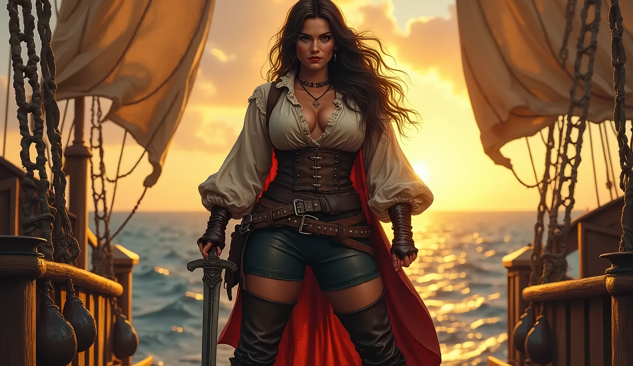 a portrait of a woman vampire pirate queen on a pirate ship ready for battle, ((full body: 1.5)), ((anatomically correct: 1.5)), (ultra detailed face: 1.2), looking tense, looking dangerous, dynamic eye color, glowing eyes, dynamic hair color, dynamic hair style dynamic skin complexion, wearing 18th century white button shirt, with ((stains of blood: 1.3)), busty , wearing wearing high heeled boots, it is night time at sea, moon is high, some clouds,18th century pirate ship background, vibrant, Ultra-high resolution, High Contrast, (masterpiece:1.5), highest quality, Best aesthetics), best details, best quality, highres, 16k, (ultra detailed: 1.5), masterpiece, best quality, (extremely detailed) RAW, (ultra details, Masterpiece, best quality), Hyperrealism style, holding sword, Intense gaze, holding sword rapier, vampire teeth, BloodSoakedAI, holding sword, Dark Art Painting Style