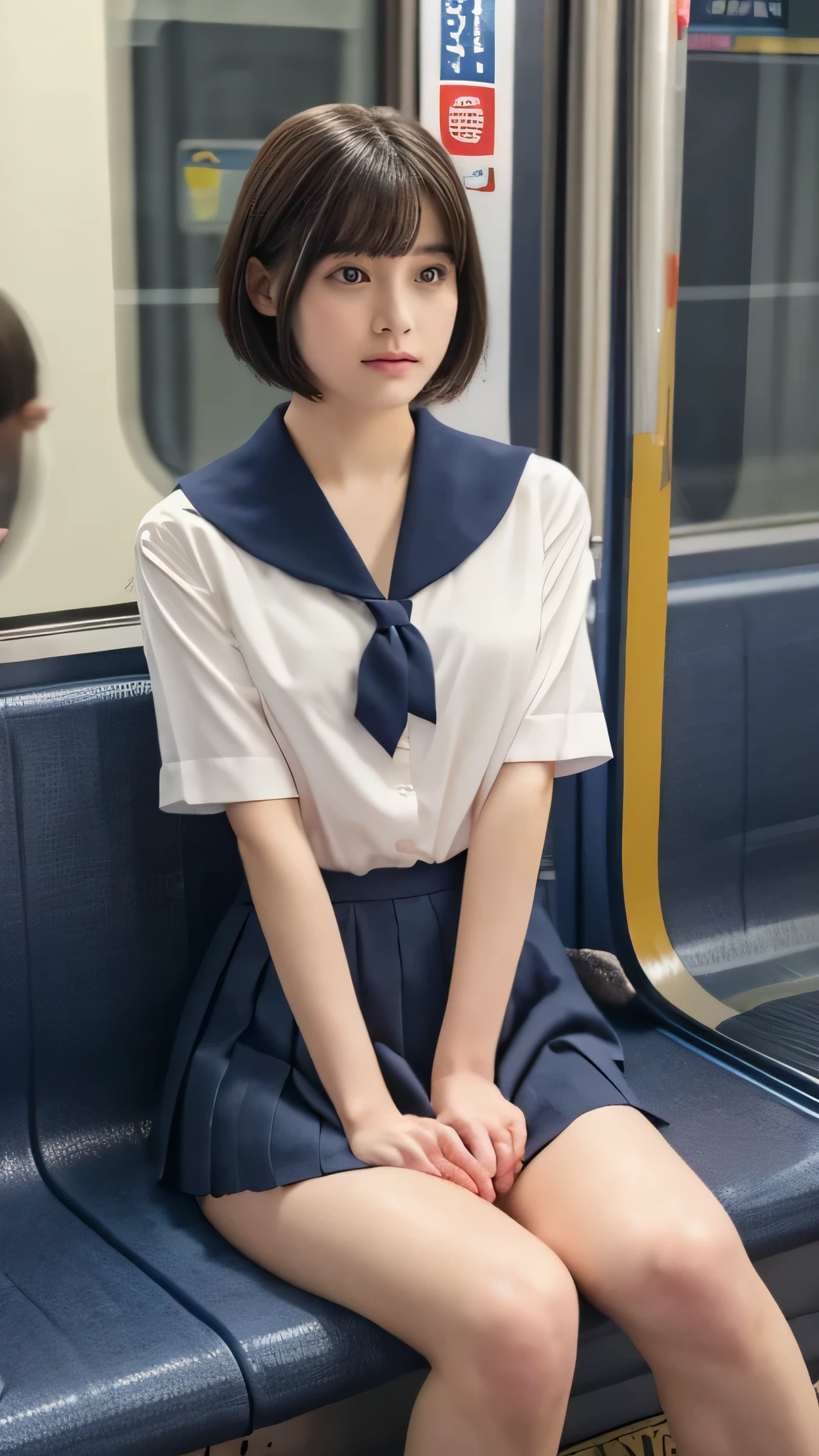 High resolution images, viewer discretion advised, 8k, very detailed, accurate, best quality, one girl, lonely, delicate fingers, delicate eyes, very short hair, very thin thighs: 1.5, night train, underwear, , student pack, (Japanese uniform), (navy blue skirt), ((sitting on train seat: 1.5)), underwear, , M-shaped legs, (navy blue pleated skirt), full body photo, ((legs open, one foot on seat, holding skirt with both hands))), showing sexy white: 1.5), practical, (white, collared shirt, ribbon tie), (showing crotch to audience: 1.5), (thin fabric, not exposing upper body: 1.5), (body facing towards viewer: 1.5), (front shot: 1.5), long distance shot, ((Japanese girl, short bob, , socks))