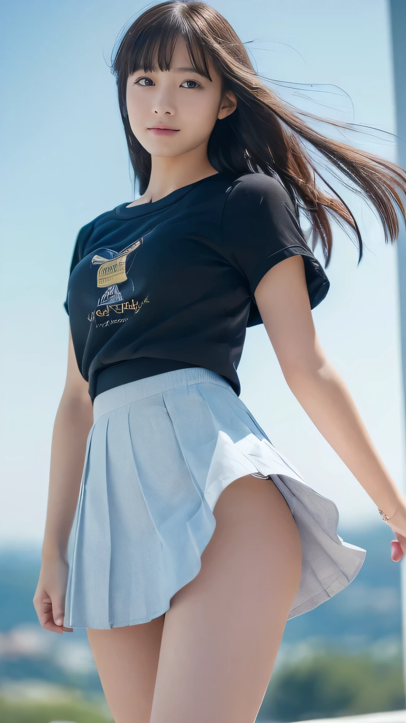 (((A pure and cute middle school student))), (A strong wind made her skirt flutter:1.4), ((I can see your underwear:1.5)), Beautiful bob hair, , Beautiful Eyes, Ultra-high resolution, ((Thin thighs:1.3, Inner thighs:1.4)), Slender body line, ((Narrow waist:1.2)), (Japanese Idols, baby face,  beautiful girl), (Perfect Anatomy:1.2), Beautiful breasts, (Best Quality、Best Quality、masterpiece、Ultra-high resolution、reality:1.37), (Detailed eyes and face:1.3、Professional photography techniques)、(Good move、Right Action:1.1)、((Beautiful hair and a skirt fluttering in the wind:1.4))