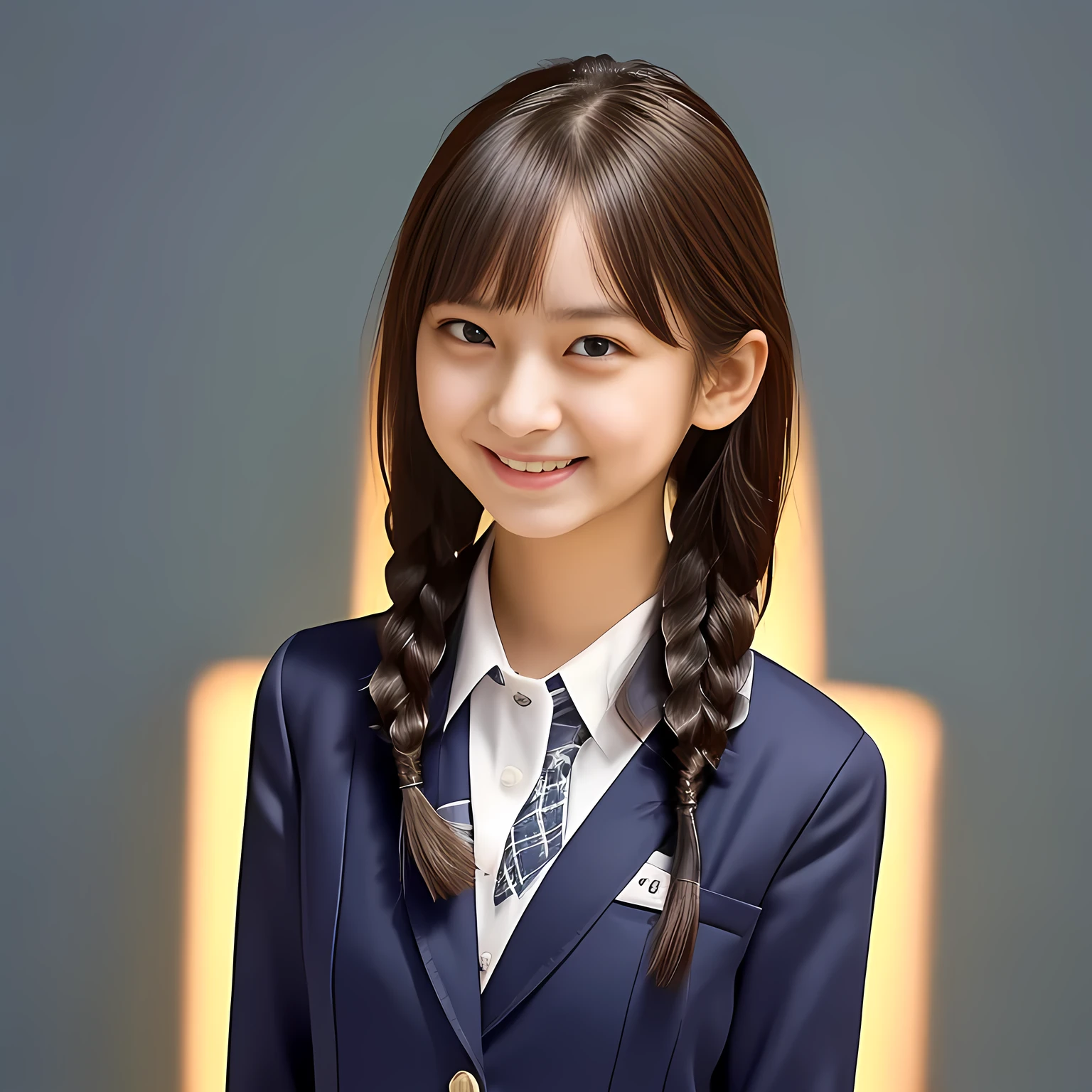 (Highest quality, masterpiece:1.2), Highest quality, High resolution, 1080P, 8k, height: 158cm, Solo, (Alone, A noble, graceful and intelligent kawaii 13yo Japanese pure-clear-white-skin a-pair-of-braid girl is smiling at me with extreme beatitude, expressing her happiness to me with her kawaii supreme, promoting school uniform: 1.5), (background is complete black: 1.0), (Amazed, double-eyelids, completely balanced, brown wet large dreaming eyes with detailed beautifully: 1.6), (Drives me crazy for her navy-colored neat tartan checkered blue skirts and make me fall into her navy-colored tartan checkered skirt: 1.2), (Fine white skin that looks like she has never been out of home: 1.6), (Navy colored KANKO school uniform blazer: 1.6), (Navy blue pleated Conomi school uniform tartan checkered skirt: 1.5), (Plain red school ribbon on the breast), (Light-Sky-blue background), (Girl whom everyone loves because of her beauty and neat school fashion and noble manner and magic-charm of succubus: 1.4), full body shot, (jolly face expression), (evenly cut curled bangs)