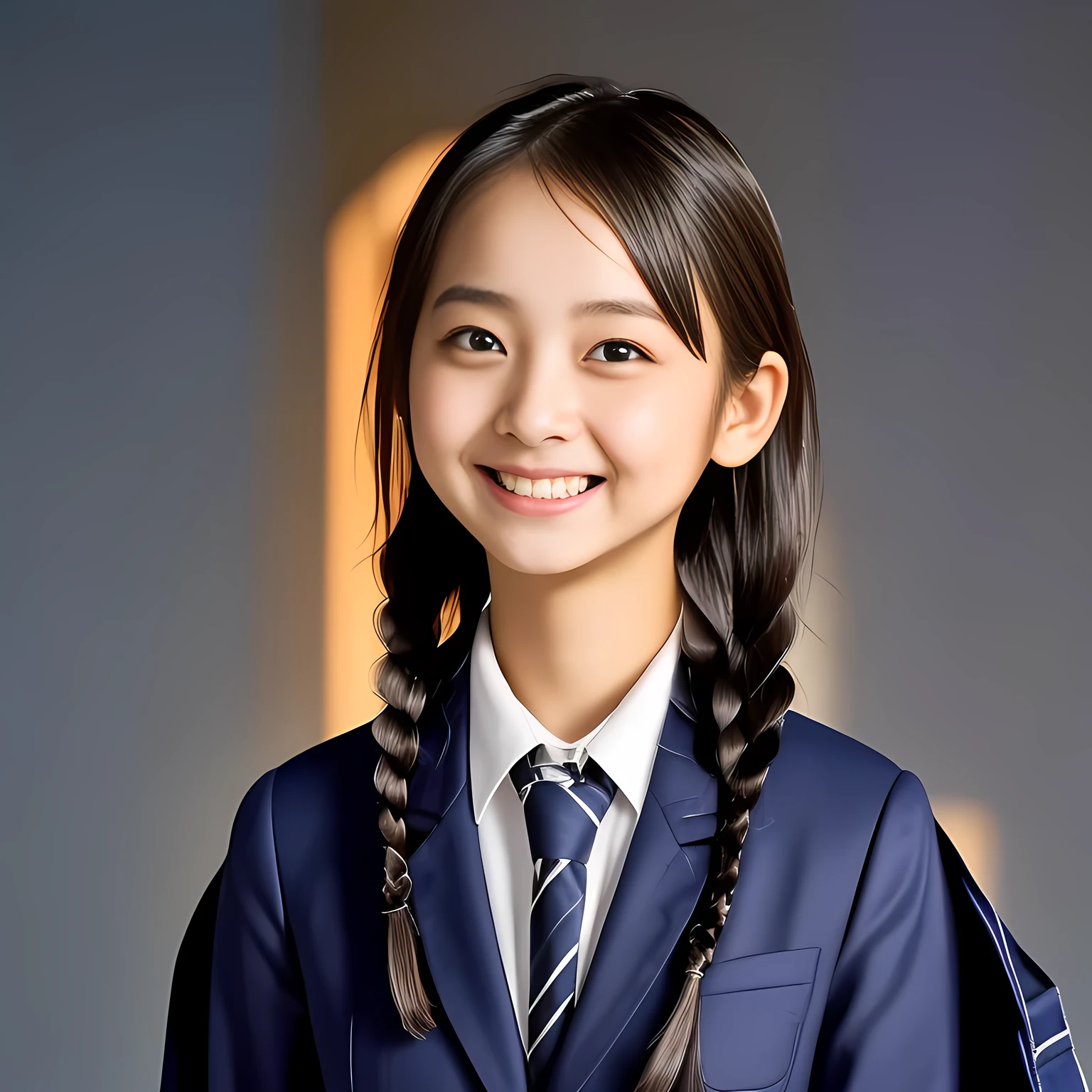 (Highest quality, masterpiece:1.2), Highest quality, High resolution, 1080P, 8k, height: 158cm, Solo, (Alone, A noble, graceful and intelligent kawaii 13yo Japanese pure-clear-white-skin a-pair-of-braid girl is smiling at me with extreme beatitude, expressing her happiness to me with her kawaii supreme, promoting school uniform: 1.5), (background is complete black: 1.0), (Amazed, double-eyelids, completely balanced, brown wet large dreaming eyes with detailed beautifully: 1.6), (Drives me crazy for her navy-colored neat tartan checkered blue skirts and make me fall into her navy-colored tartan checkered skirt: 1.2), (Fine white skin that looks like she has never been out of home: 1.6), (Navy colored KANKO school uniform blazer: 1.6), (Navy blue pleated Conomi school uniform tartan checkered skirt: 1.5), (Plain red school ribbon on the breast), (Light-Sky-blue background), (Girl whom everyone loves because of her beauty and neat school fashion and noble manner and magic-charm of succubus: 1.4), full body shot, (jolly face expression), (evenly cut curled bangs)