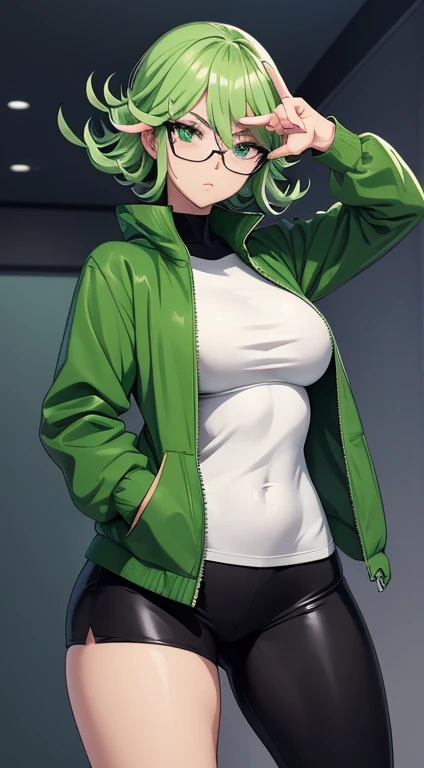 solo , green hair,Emerald hair,short hair,short hair,bright face,upper body up,chest up,business woman,intellectual,smile,jacket,white shirt , laughter,drooling eyes, alone,Flow of hair that extends to the face,Big light blue eyes shine charmingly,green one piece,eyeliner,Shining white skin,big bangs,beautiful bangs,