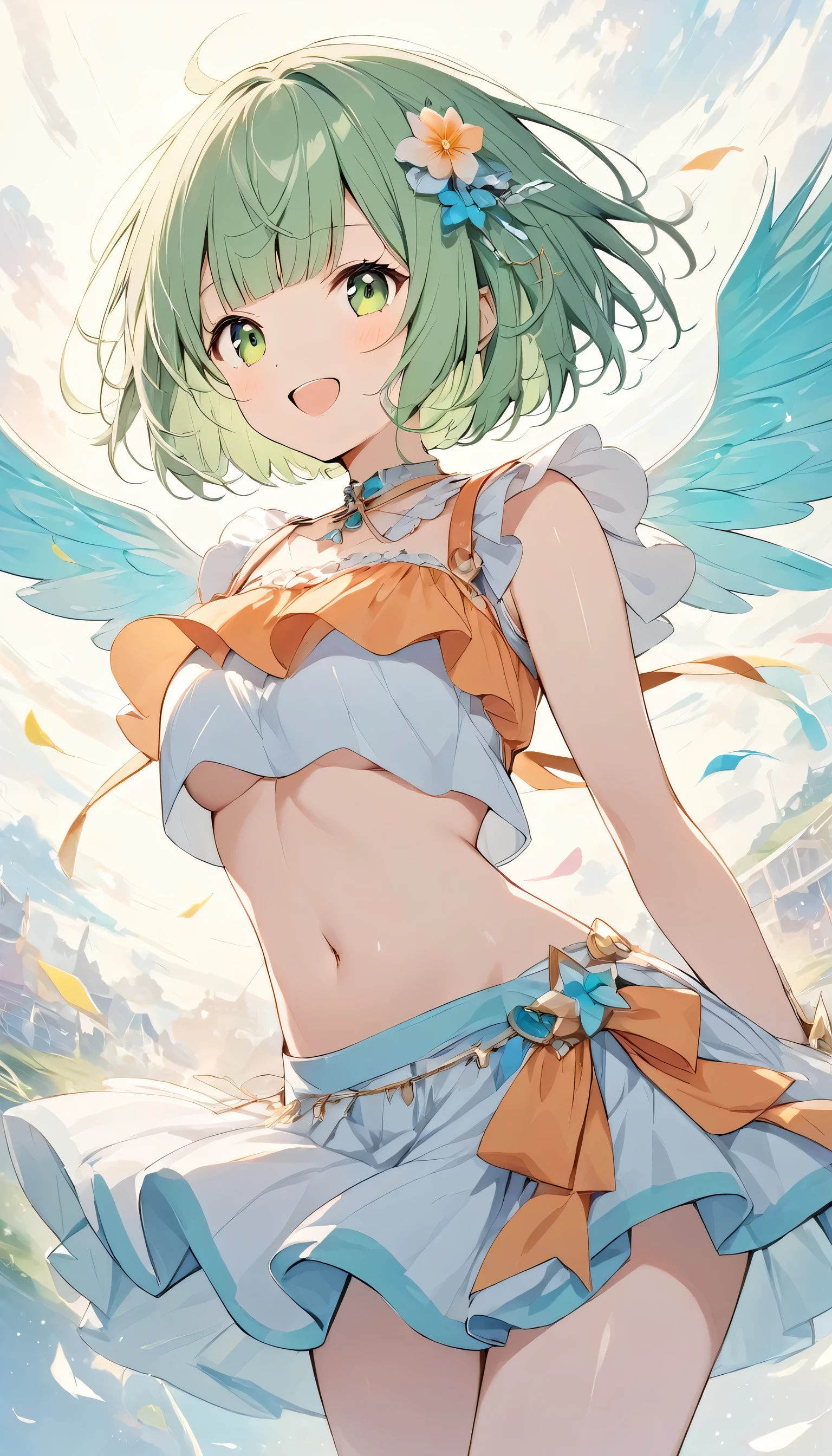 Colossal tits,bared  chest,magical girl costume,Feathered,evil smile,short green hair,hair adornments,Heterochromia,Top image quality,Best Quality