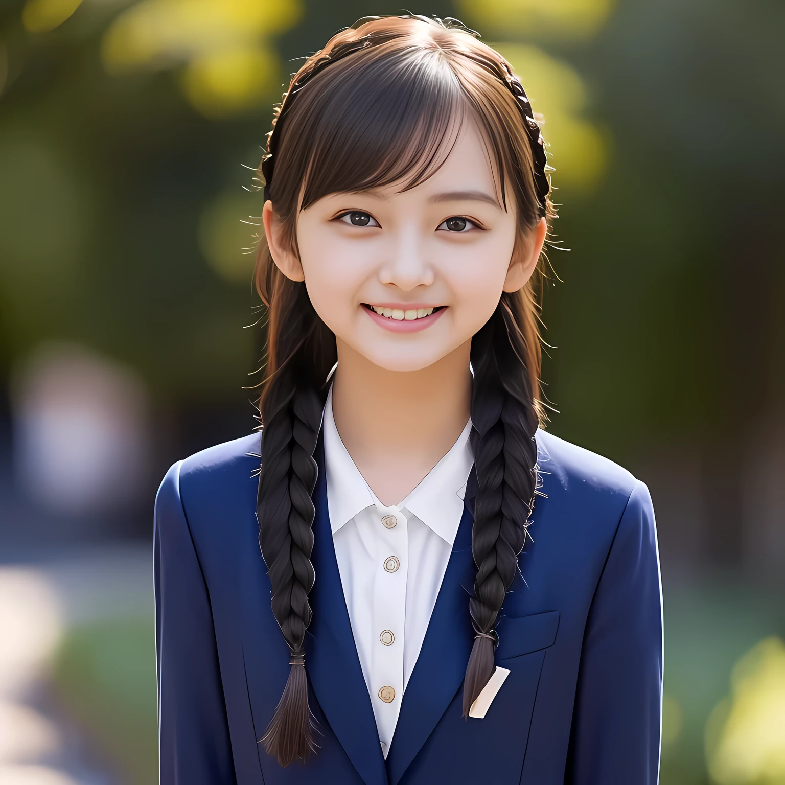 (Highest quality, masterpiece:1.2), Highest quality, High resolution, 1080P, 8k, height: 158cm, Solo, (Alone, A noble, graceful and intelligent kawaii  Japanese pure-clear-white-skin a-pair-of-braid girl is smiling at me with extreme beatitude, expressing her happiness to me with her kawaii supreme, promoting school uniform: 1.5), (background is complete black: 1.0), (Amazed, double-eyelids, completely balanced, brown wet large dreaming eyes with detailed beautifully: 1.6), (Drives me crazy for her navy-colored neat tartan checkered blue skirts and make me fall into her navy-colored tartan checkered skirt: 1.2), (Fine white skin that looks like she has never been out of home: 1.6), (Navy colored KANKO school uniform blazer: 1.6), (Navy blue pleated Conomi school uniform tartan checkered skirt: 1.5), (Plain red school ribbon on the breast), (Light-Sky-blue background), (Girl whom everyone loves because of her beauty and neat school fashion and noble manner and magic-charm of succubus: 1.7), full body shot, (jolly face expression), (evenly cut curled bangs)