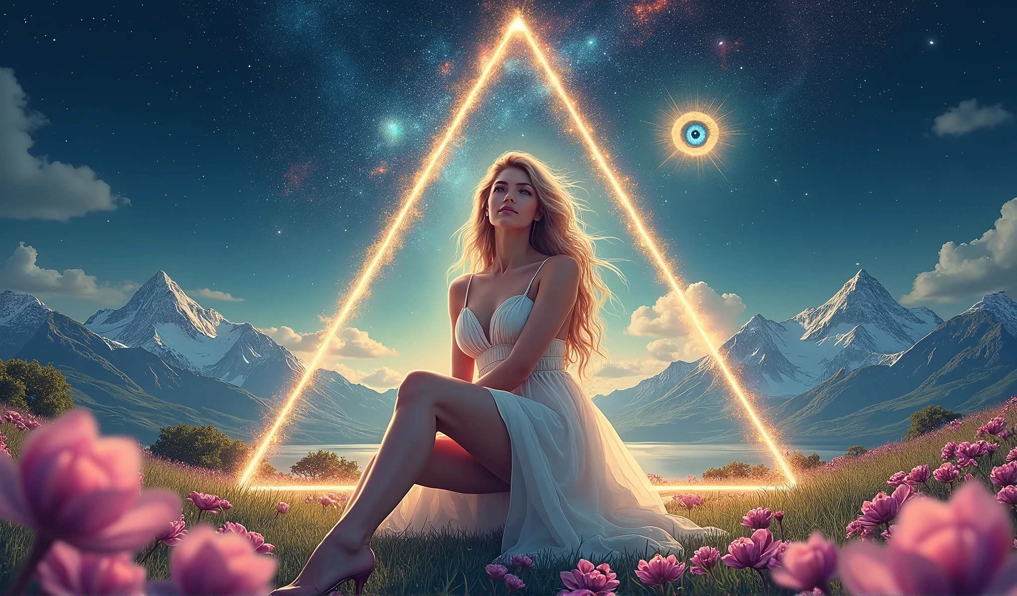 label for beer "MONJE OF SKY":
central character: A beautiful blonde woman in an elegant dress, sitting and barefoot.
Symbolic Element: The woman is located inside an equilateral triangle, that stands out in the design.
bottom: A starry night sky, using light and soft colors.
Mystical element: in the sky, There is a second smaller equilateral triangle with an eye in the center (in the style "All-seeing eye").