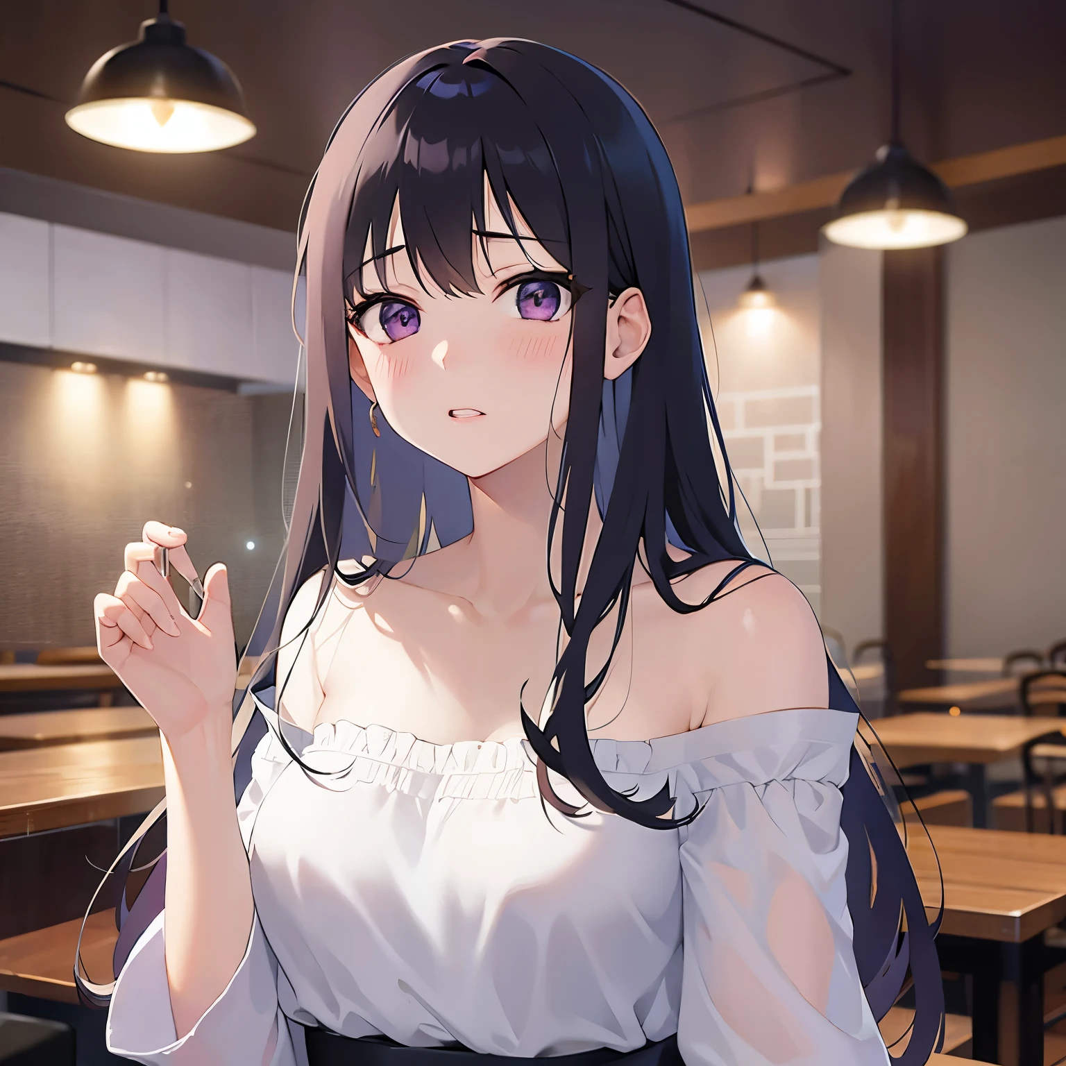 Placing hand on face, Biologically correct five fingers、Realistic, real person, RAW photo, photorealistic, portrait photography, shiny skin, 18-year-old female、(ponytail) and (red hair) and (red eyes) and (jitome), BREAK (black:1.2) and (off shoulder blouse) BREAK、(grin:1.2), open mouth, The background is the interior of a restaurant at night.、alone、Are standing