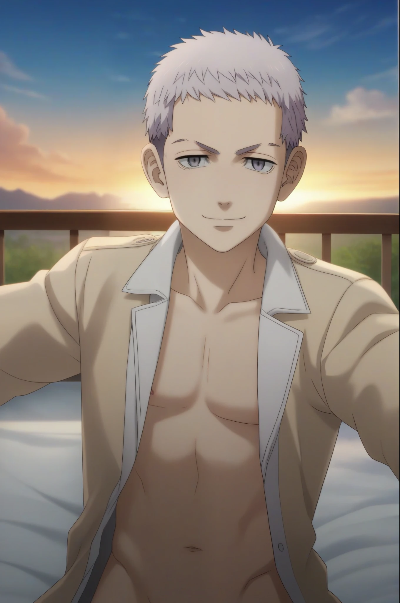 score_9, score_8_up, score_7_up, source_anime, rating_safe, intricate details, (photorealistic:0.6), , , 1boy, solo, male focus, takashi_mitsuya, grey hair, grey eyes, short hair, from above, bedroom, bed, nightstand, day, clouds, w arms, smirk, score_9, score_8_up, score_7_up, source_anime, rating_safe, , (photorealistic:0.6), looking at viewer, depth of field, 1boy, solo, male focus, takashi_mitsuya, grey hair, grey eyes, short hair, close-up, grass, tree, day, clouds, outstretched arms, expressionless, White shirt unbuttoned, torso exposed, bare torso, Wearing a beige cardigan, seductive look, Seductive eyes, seductive smile, blushing, In the sewing workshop, sexy pose, In the sewing workshop, 1 Boy, dark hair, short hair, golden eyes, white shirt, black slacks, Black Gakuran, on sheets, (kneeling:1.0),(bare one's shirt:1.0), (take off one's Gakuran:1.3),(open clothes:1.6), cool, (sexy:1.5), Fascinating, evil smile,(parted lips), pale skin,(background: on bed in bedroom, sunset outside, dimly lit room, lamp light, soft lighting),(sunset:1.0), The dim,(Facing forward.:1.0),(Looking forward:1.0), Turn body to the front, (night:1.0), high quality, high resolution, masterpiece, Blushing,