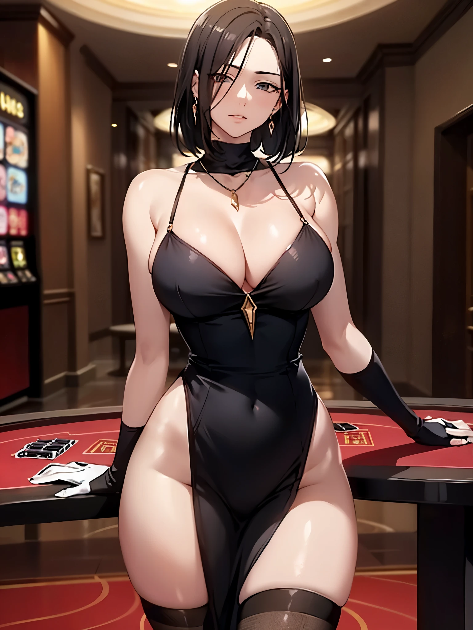 Milf, woman in luxurious dress, highly detailed face, cool, tomboy, mom, very large breasts, mature female, hanging breasts, attractive waist, moderate muscle, curvaceous but thin figure, anime girl wear dress, gloves, thighhighs, beautiful thighs, bare legs, earrings, necklace, jewelry, sharp features, mom, female protagonist, depth of field, volumetric light, detailed lighting, detailed textures, masterpiece, better eyes, best quality eyes, background from a casino, Las Vegas, in front of a casino table,